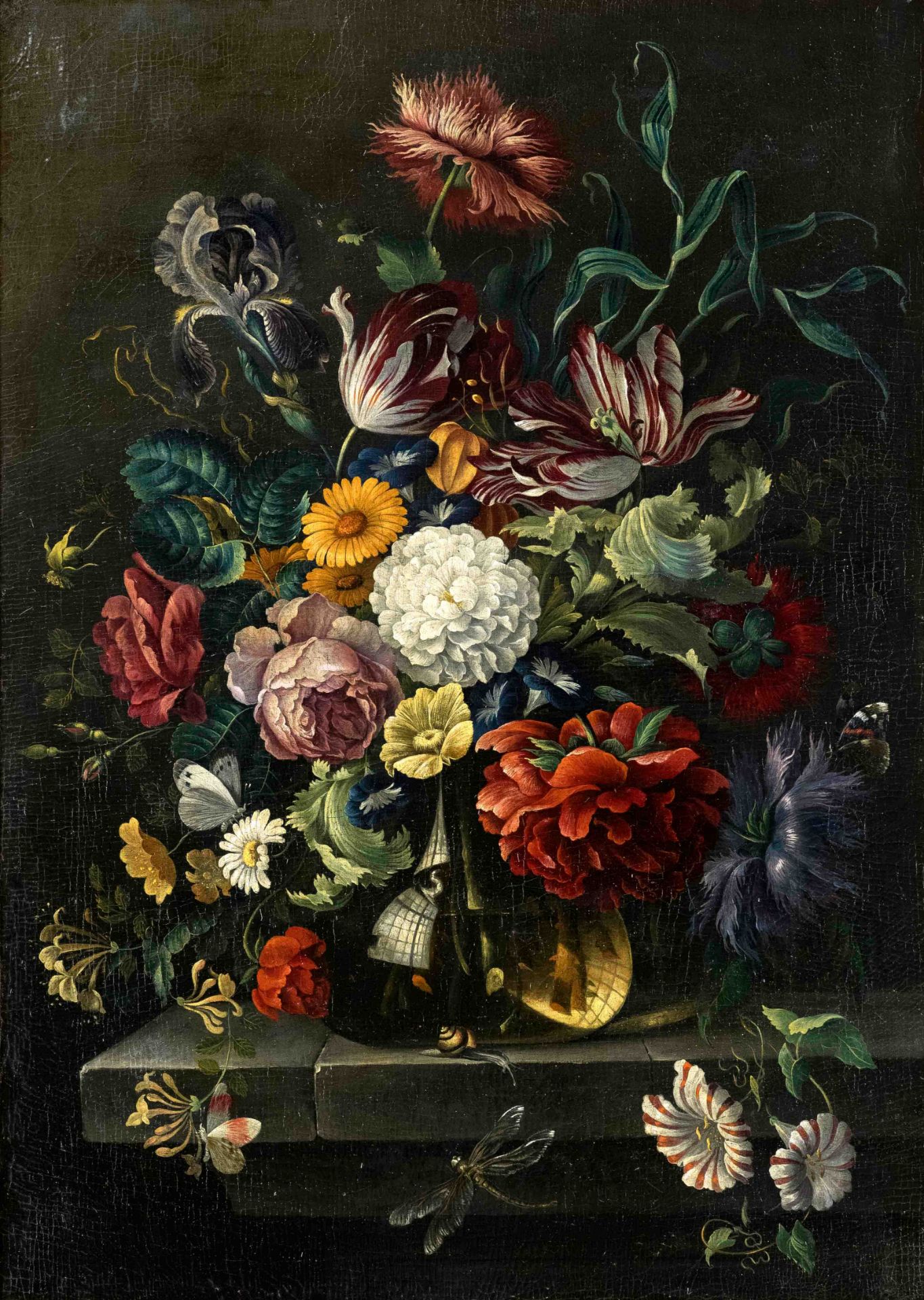 Anonymous still life painter of the 18th/19th century. Splendid bouquet of mottled tulips, iris,