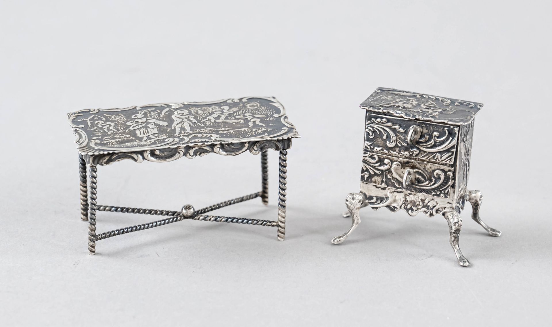 Two miniatures, 1x table, England, 1892, maker's mark Samuel Boyce Landeck, London, sterling