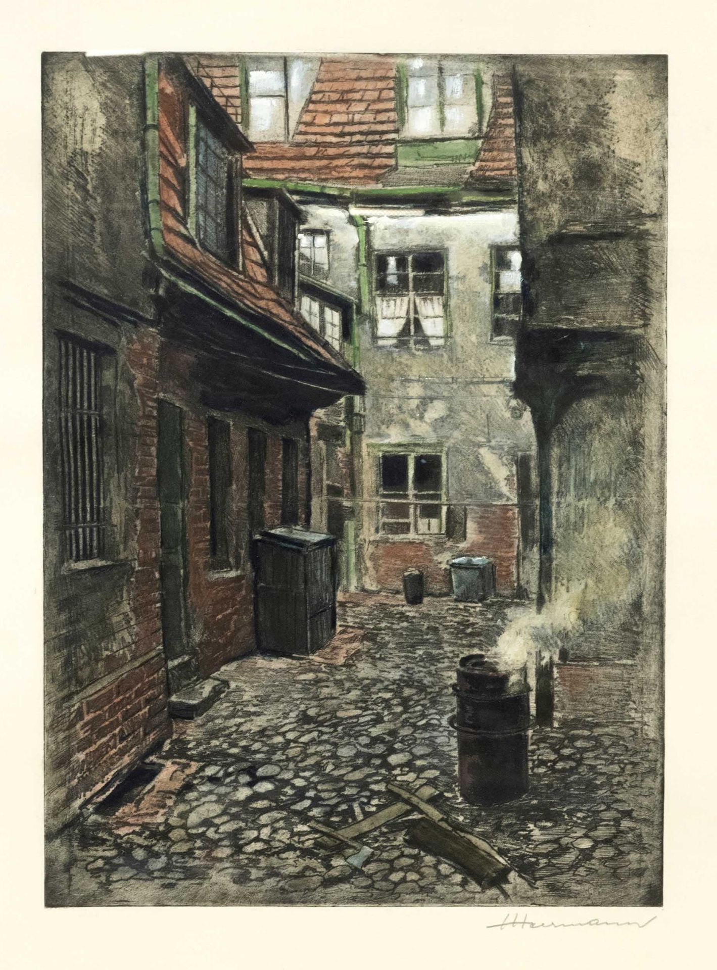 Heinrich Herrmann (1903-1963), the so-called Rügen painter. Backyard, colored etching, signed by