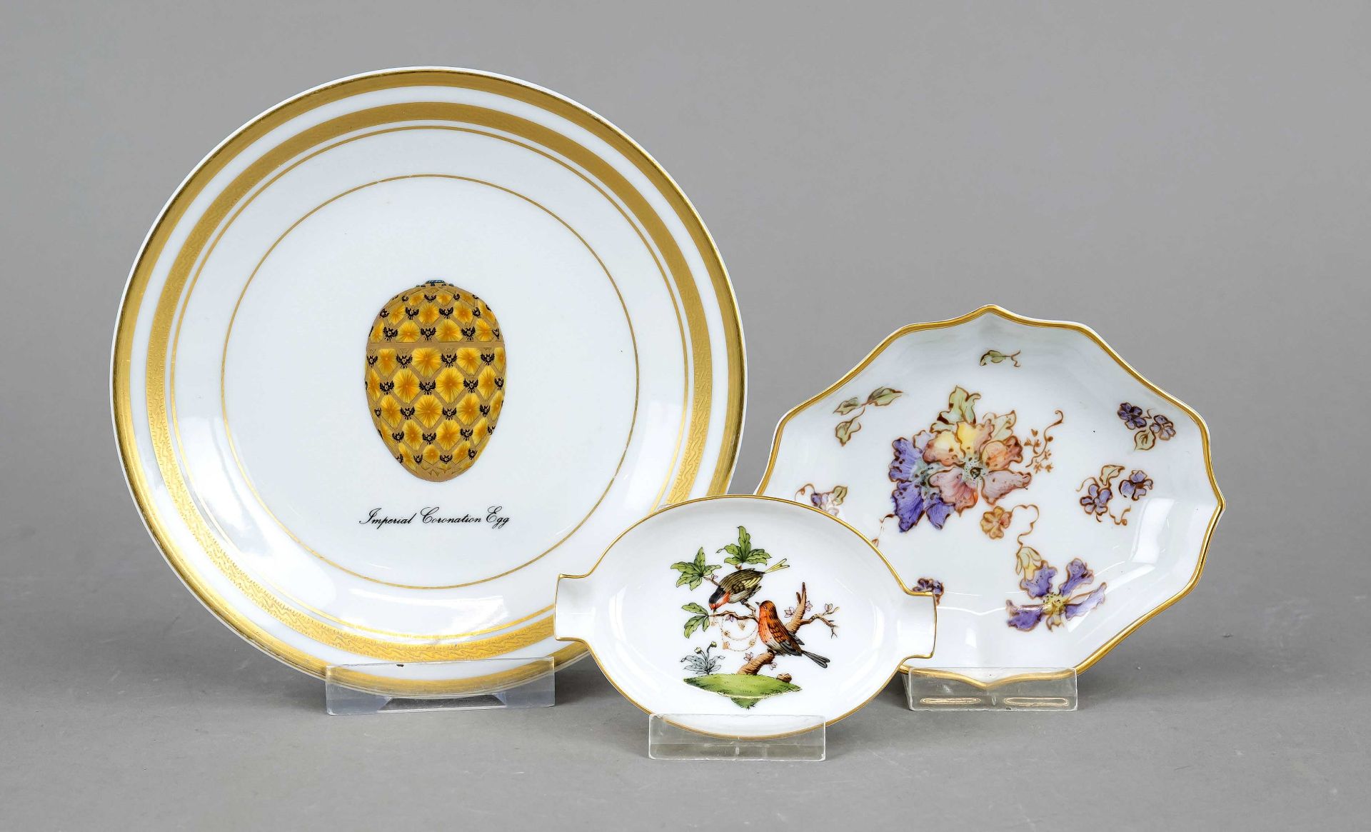 Three bowls, late 20th c., small plate, Limoges, France, Faberge design, Imperial Coranation Egg, in