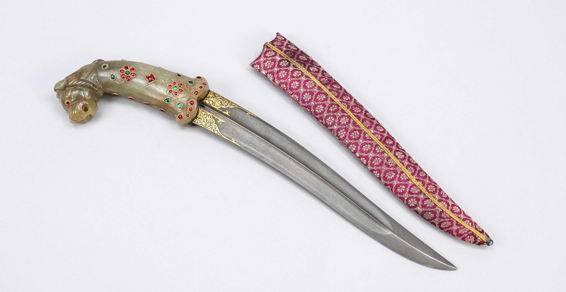 Kard, India, 19th/20th c. Double-edged wootz steel blade with floral gold inlays in the upper third.