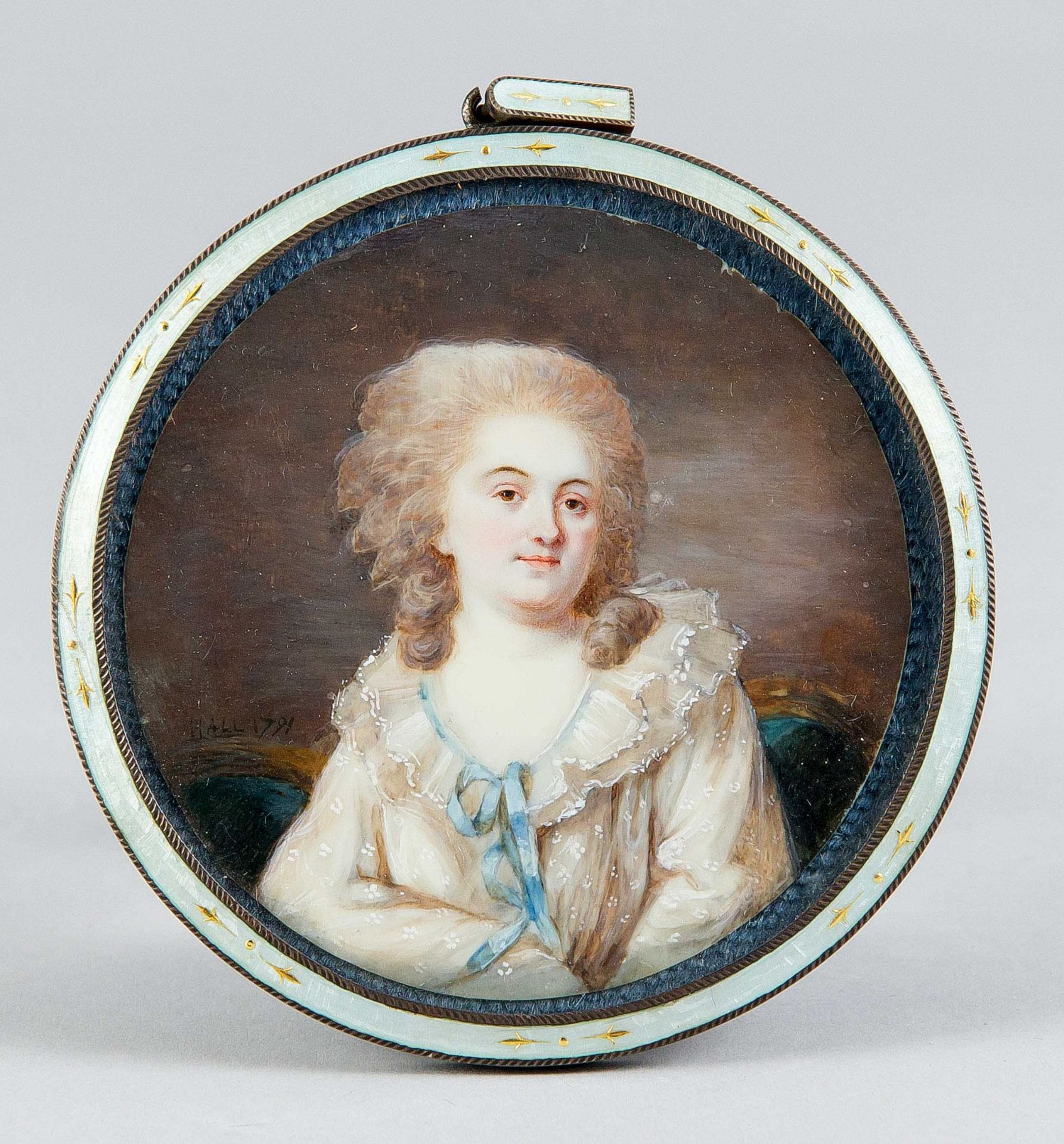 Hall, Peter Adolf. 1739 Borås - 1793 Liège. Round miniature portrait of a lady in white muslin dress