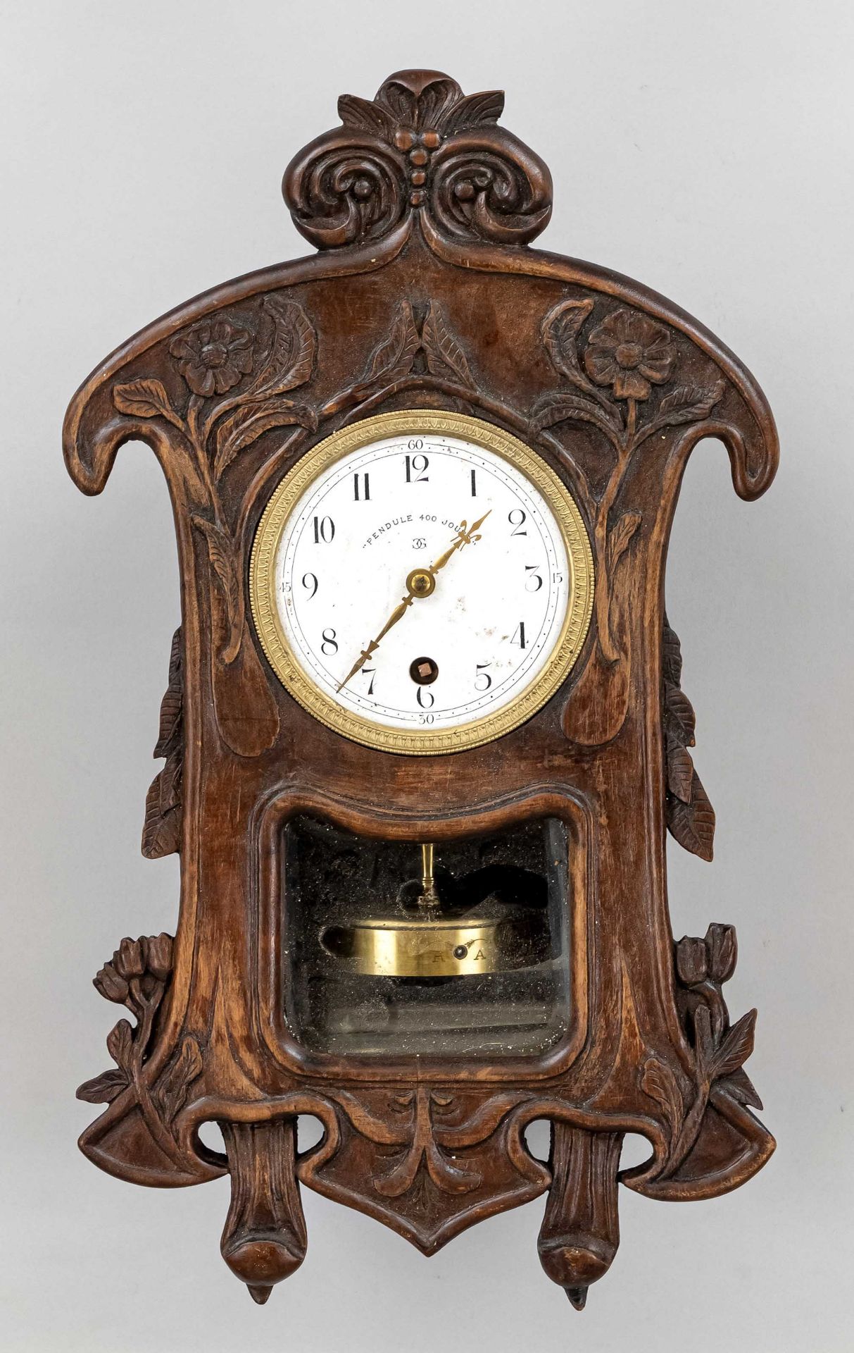 Wall clock annual runner, wood hand carved, faceted window, marked Pendule 400 Jours, Societe des