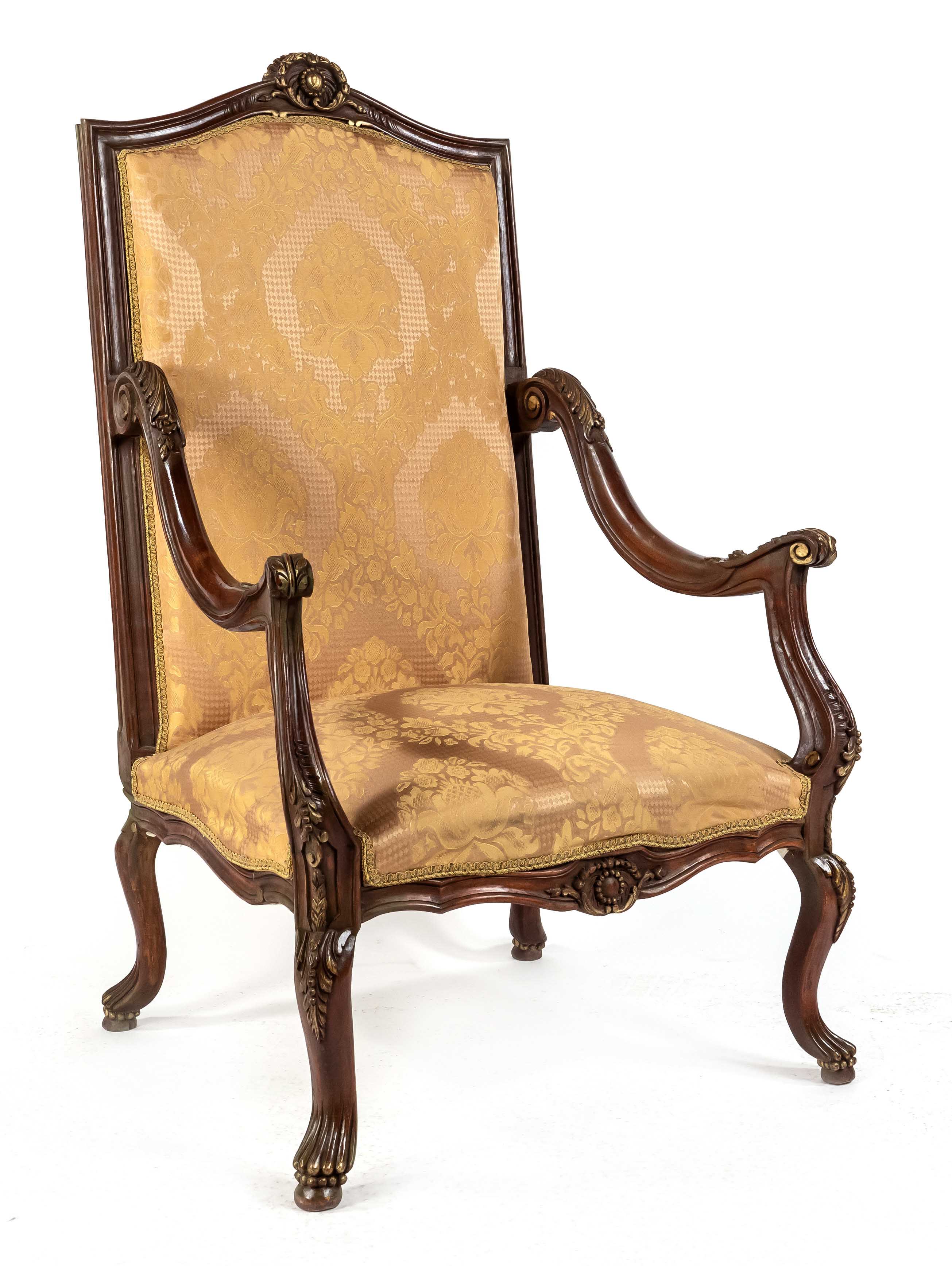 Armchair in Louise Quinze style, 20th century, walnut stained beech wood, curved frame with high