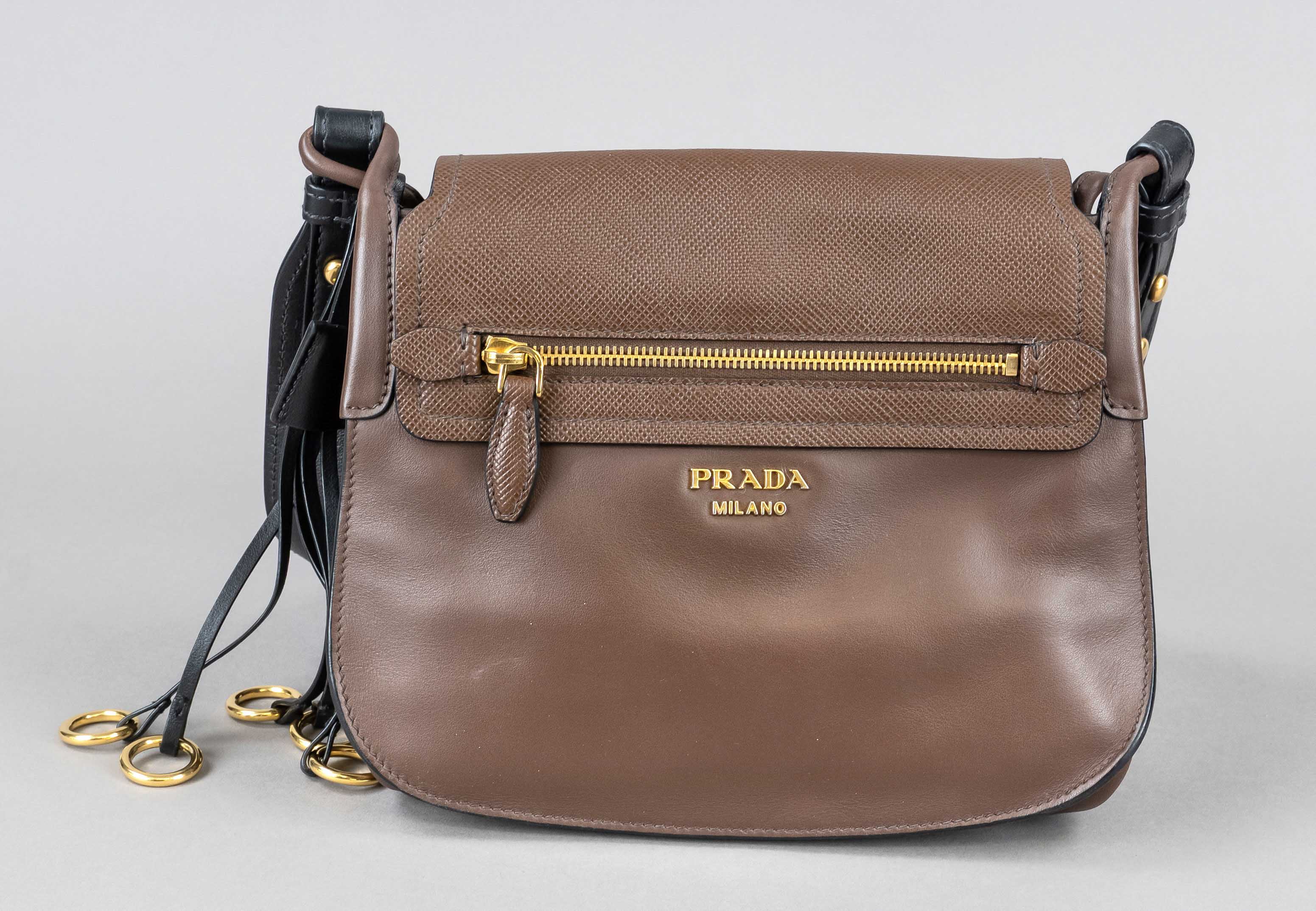 Prada, Brown Saffiano/Smooth Leather Corsaire Hunting Shoulder Bag, cocoa brown and black leather, - Image 2 of 2