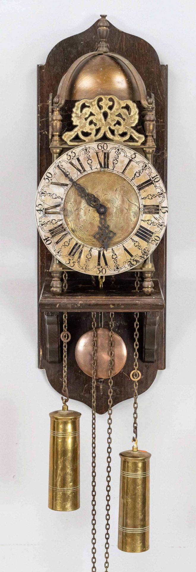 Lantern clock, 2nd half of 20th century, on wooden support, silvered dial with black roman numerals,