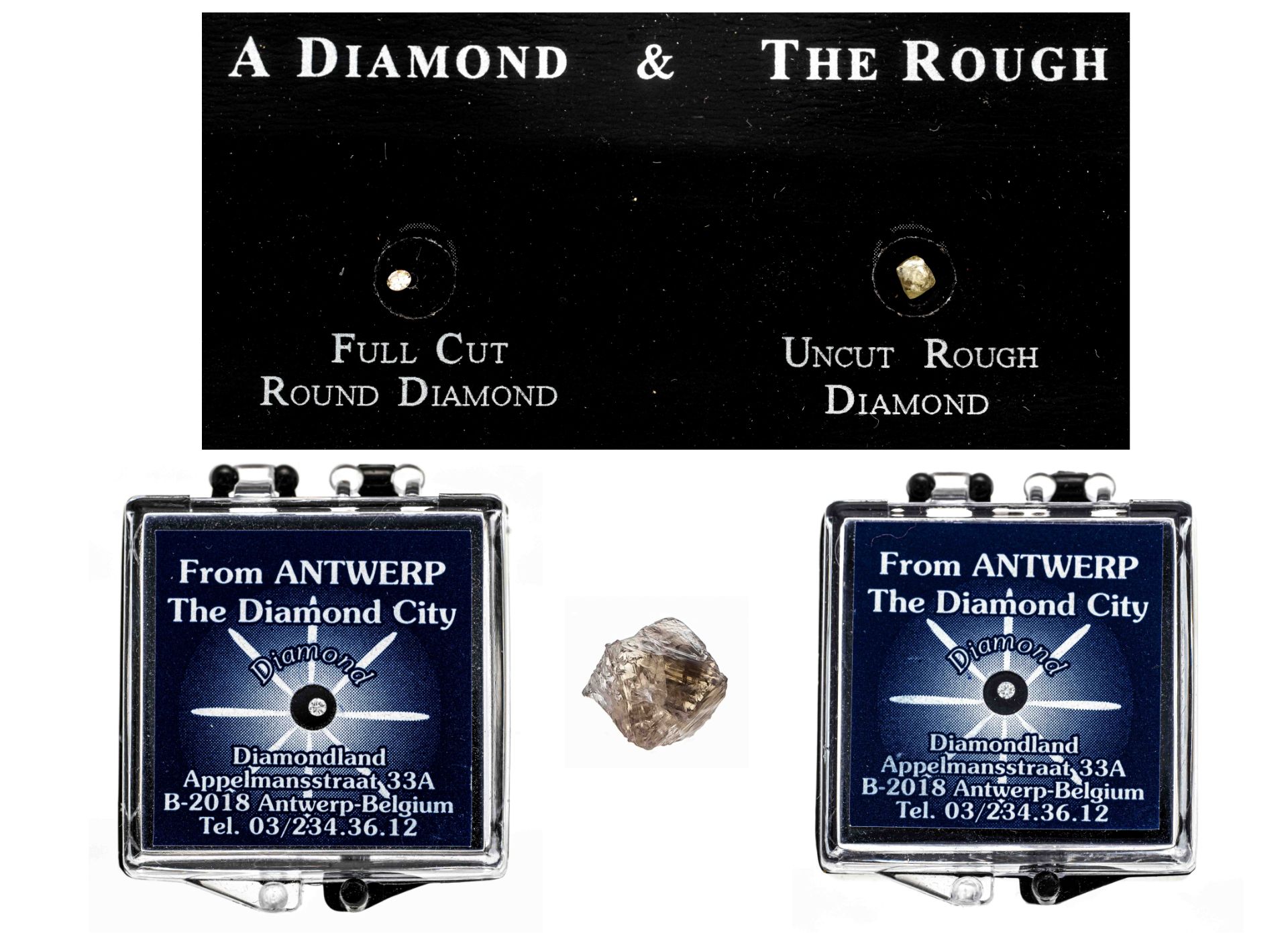 5-piece diamond set of 3 small brilliants, total 0.03 ct W-tonedW/SI and 2 rough diamonds 3.4 - 3.