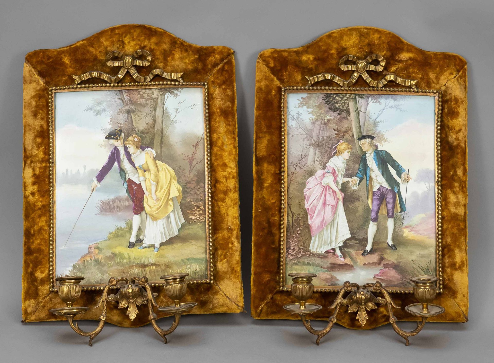Pair of wall appliques, France, 19th c., porcelain plates with gallant couples, u. signed, E.