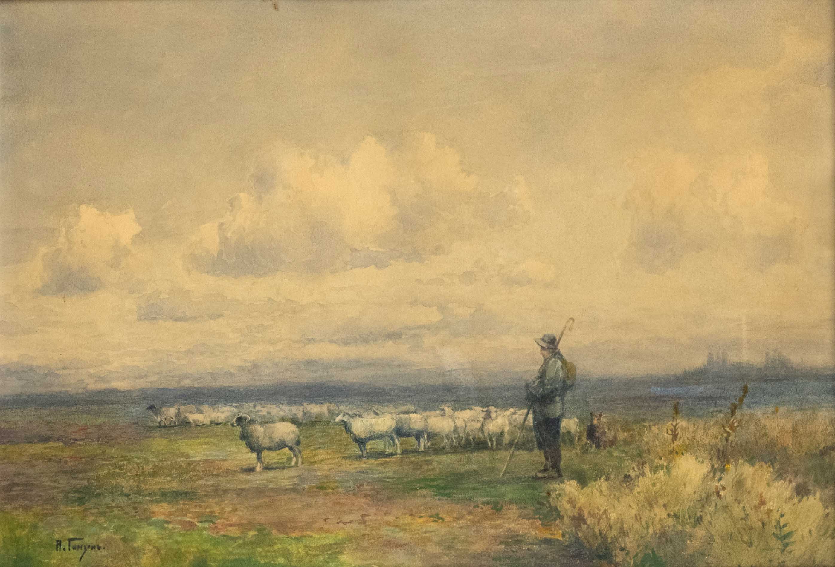 Cyrillic signed, 1st half 20th c., Shepherd with flock in wide landscape, watercolor mixed media