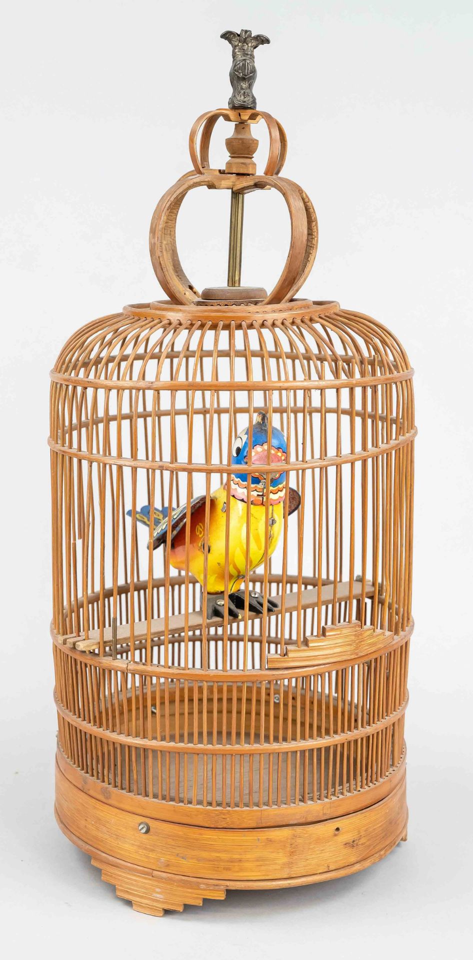 Birdcage with tin bird, Asia?, mid 20th c., classical dome shape of wood/bast, on the bar a