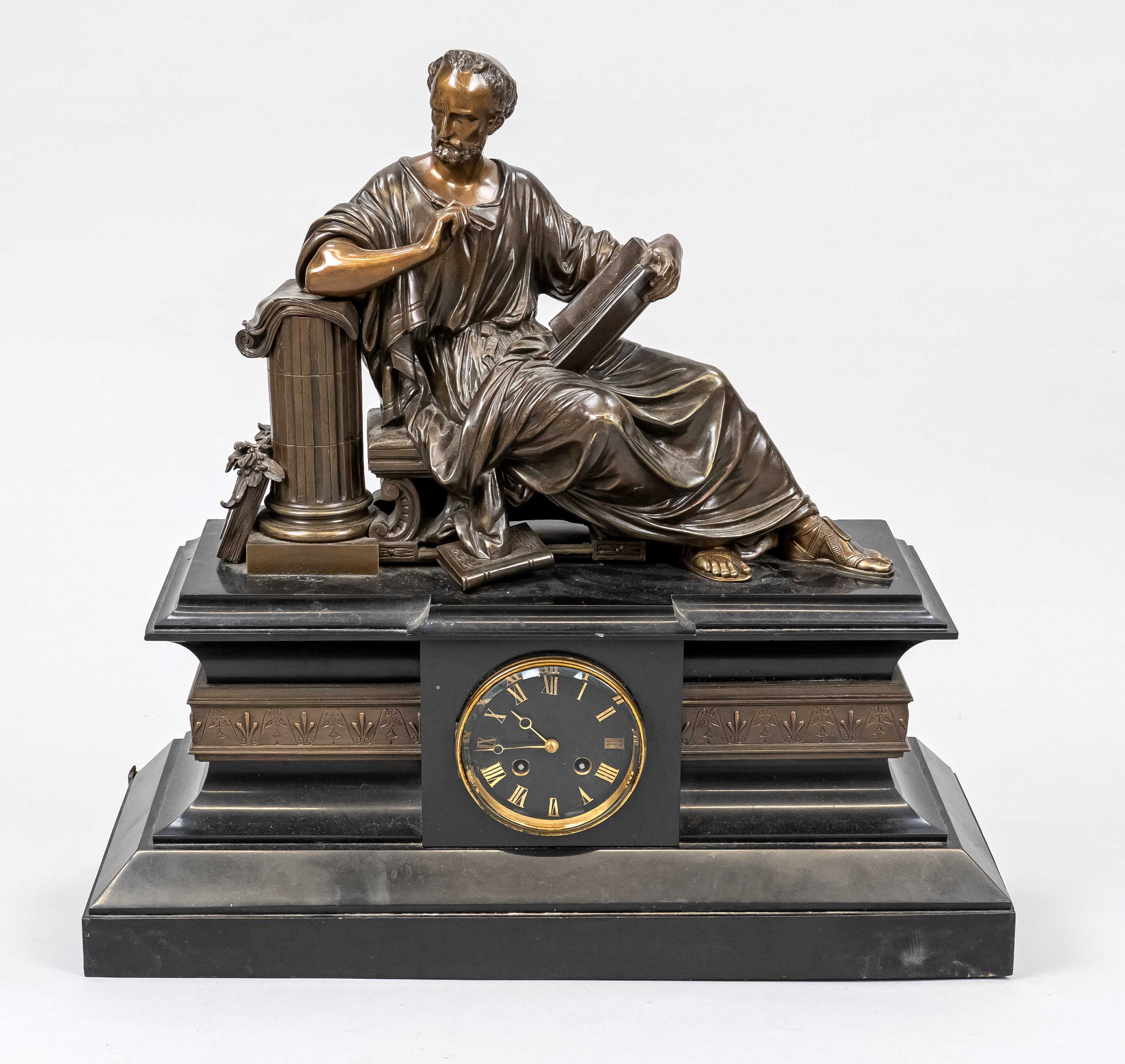 black marble bronze figure pendulum, 2nd half 19th c., large bronze figure of a scholar with a