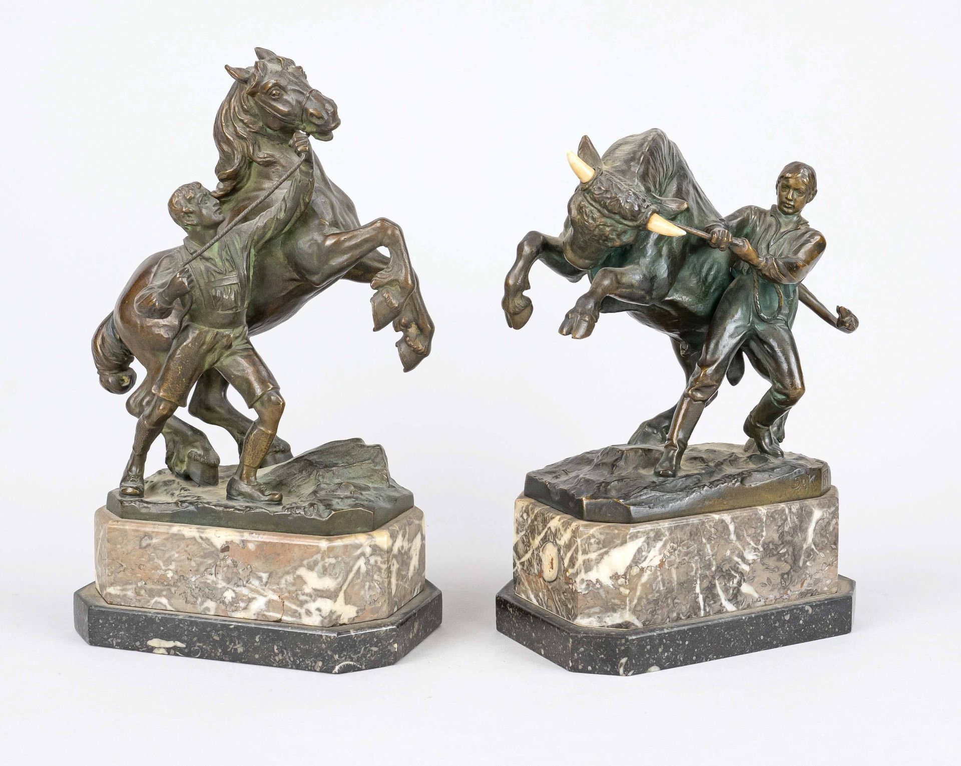 signed Syk, sculptor around 1900, horse and bull tamer, 2 dynamic figures in bronze with greenish