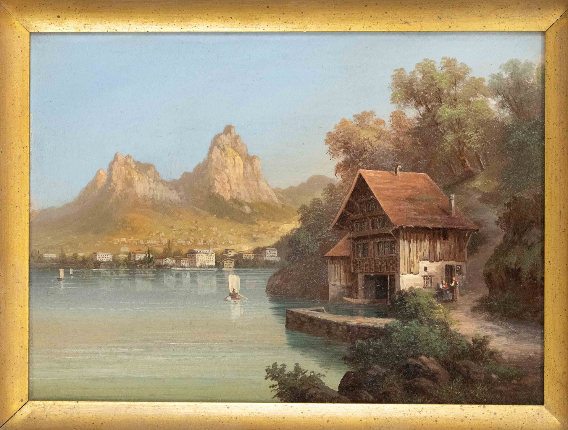 View painter of the 19th century, view of Treib on Lake Lucerne in Switzerland, oil on cardboard,