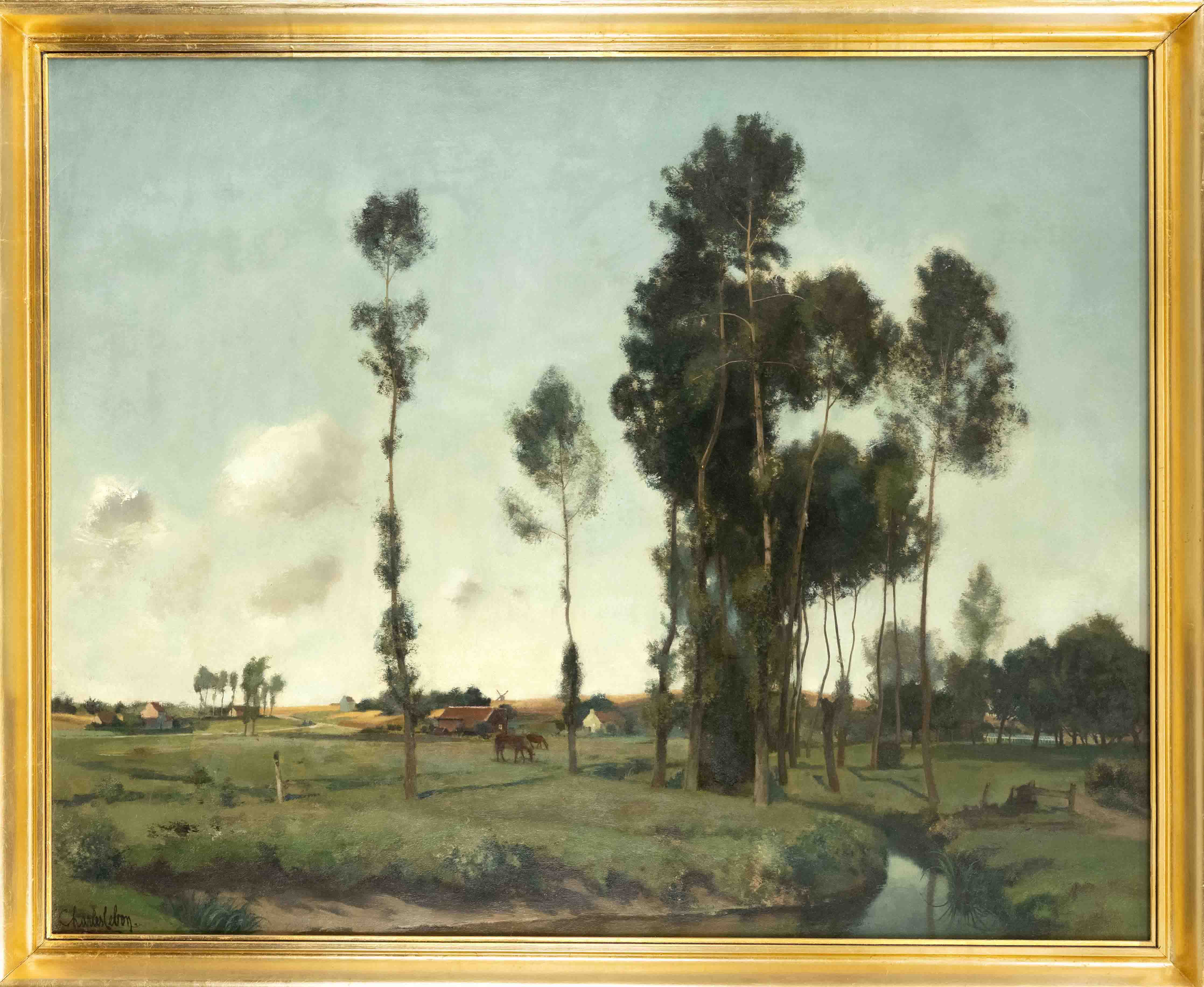 Charles Lebon (1906-1957), Belgian painter, large tree-lined landscape with grazing horses, oil on