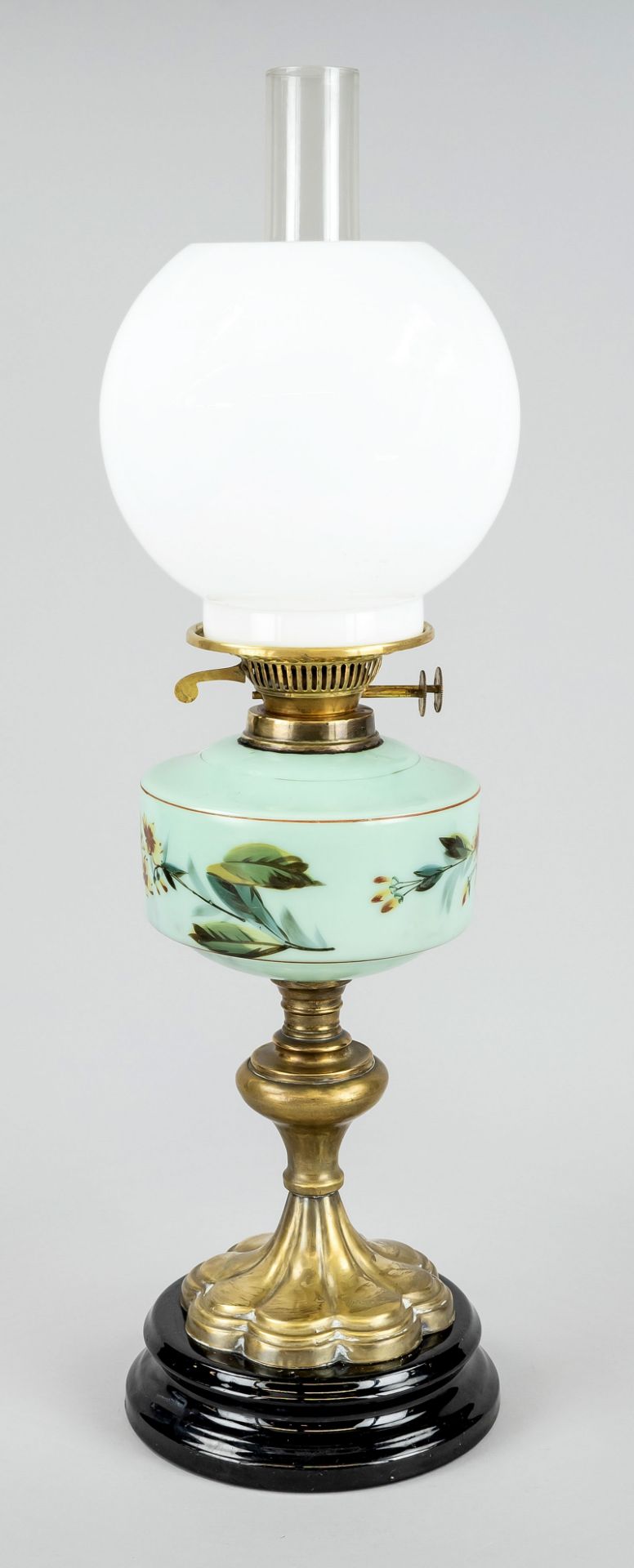 Petroleum lamp, late 19th c. Black glazed, slightly profiled ceramic base, balustrated brass stem