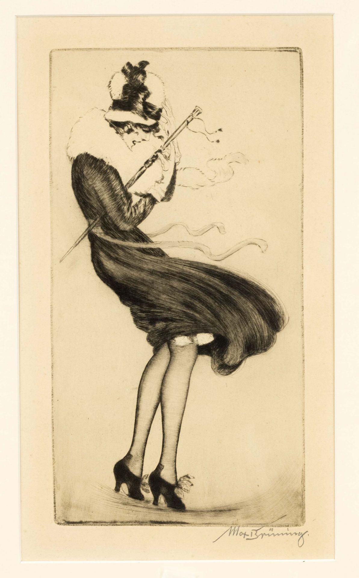 Max Brüning (1887-1968), elegant lady caught by a gust of wind, etching with drypoint, signed by