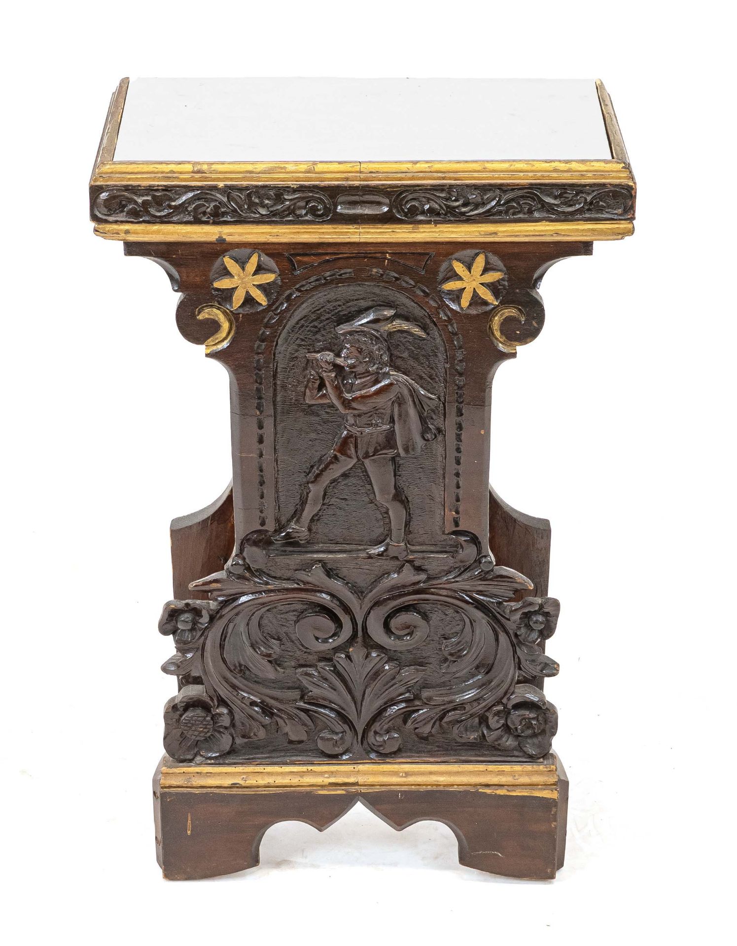 Console table, 19th c., brown wood, partly carved, depicting a flute player, 74 x 45 x 20 cm.