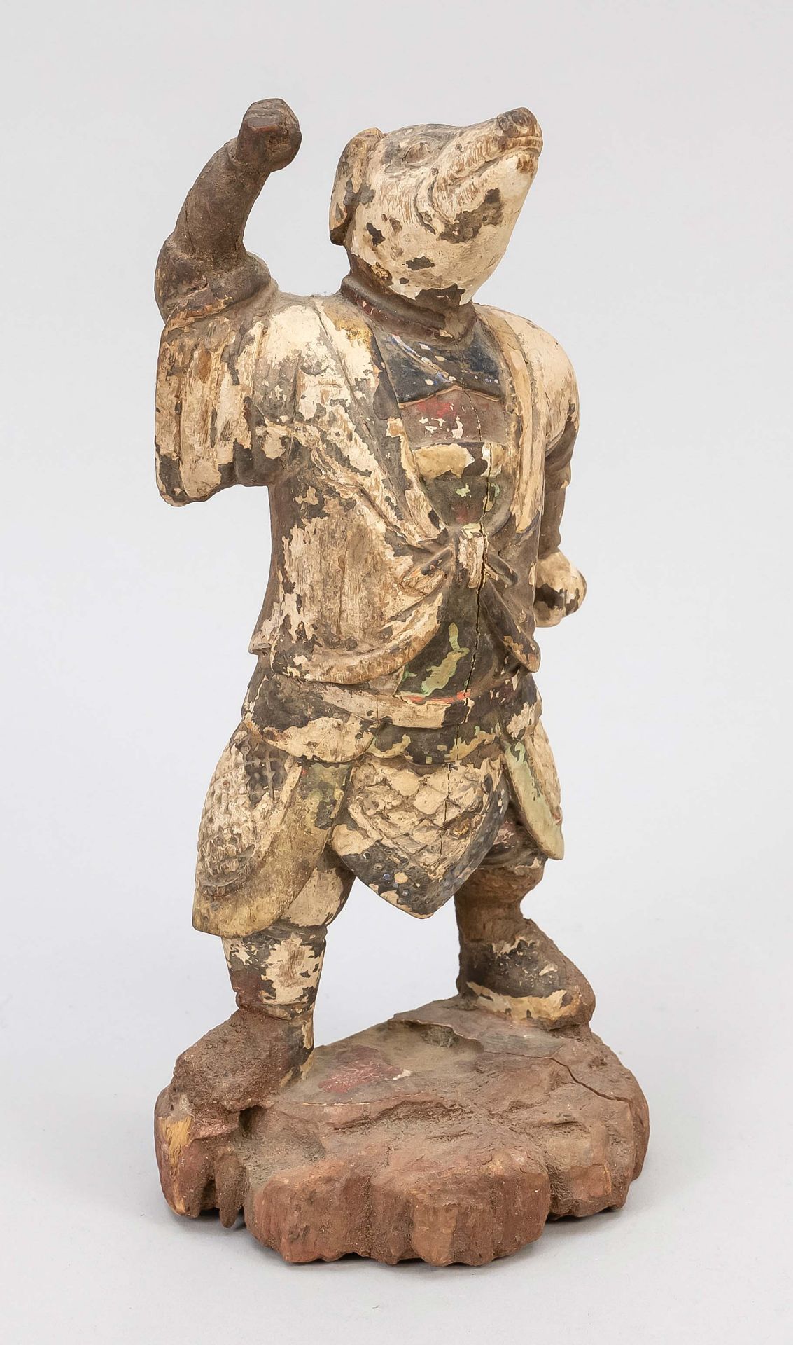 Wooden sculpture general pig cheek, China, Ming dynasty(1368-1644), painted wooden sculpture of