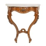 Wall console, late 19th century, mahogany. 2 curved carved legs, matching curved and profiled marble