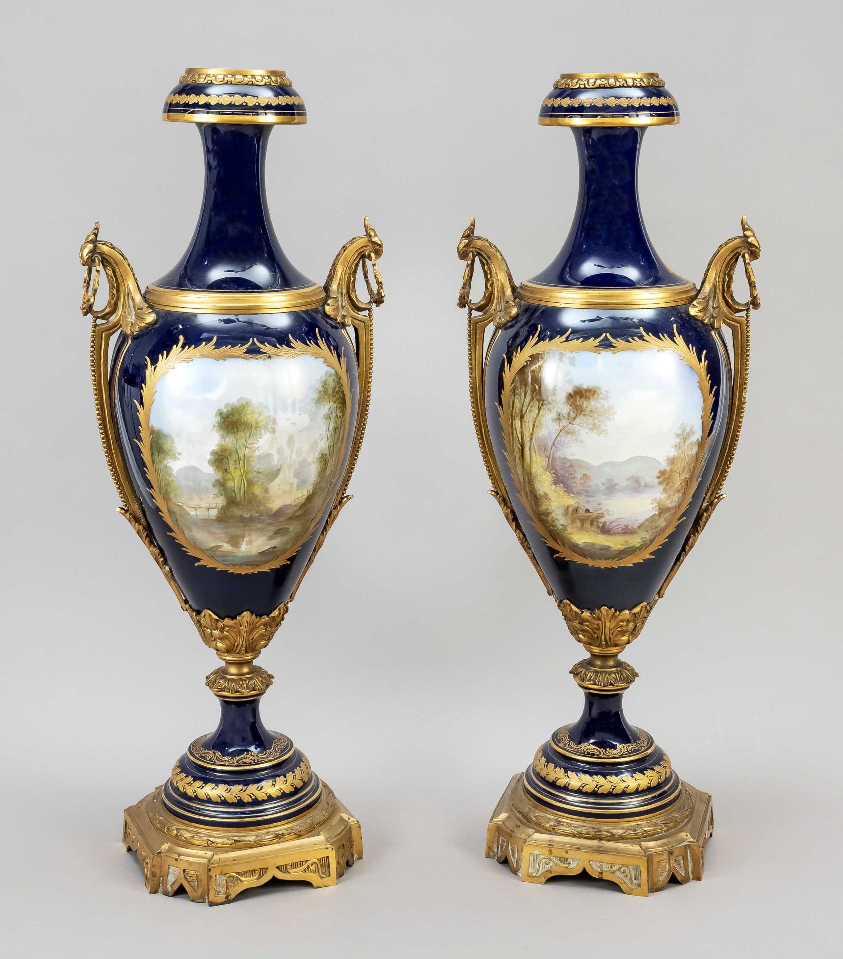 Pair of Sevres style vases, France, 19th c., oval body on round stand, splendid brass mounting, - Image 2 of 2