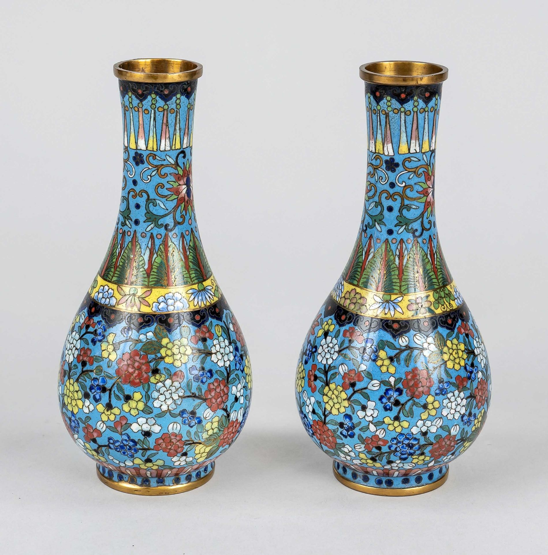 Pair of cloisonné vases, China, probably republic period(1912-1949), fine cellular enamel vases with