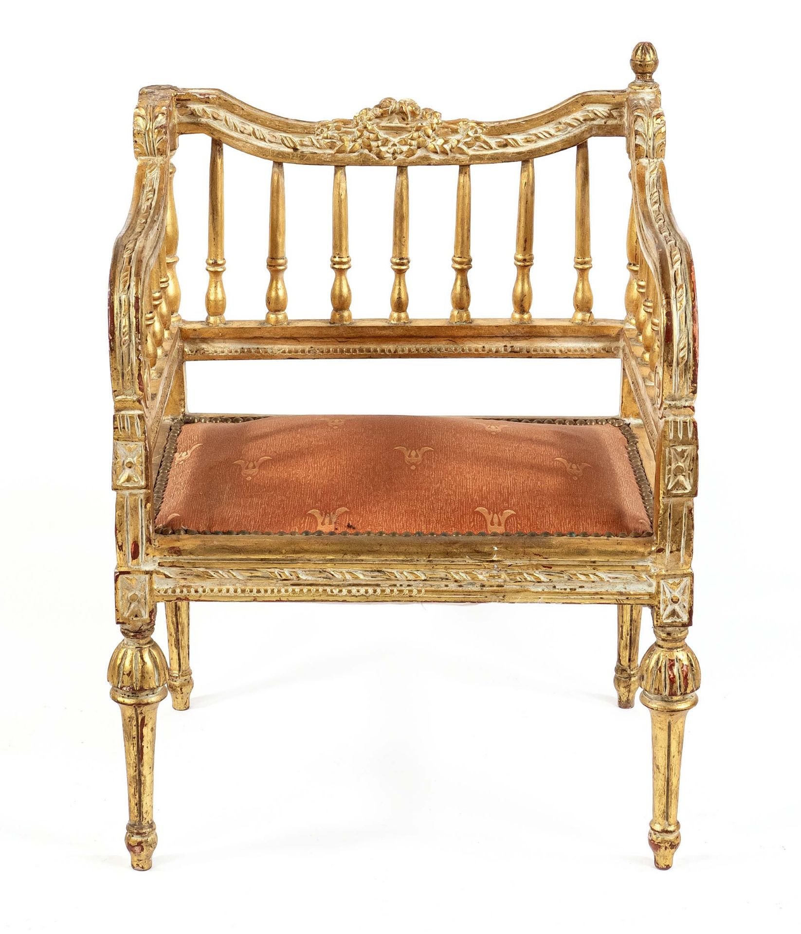 Louis Seize style armchair, 20th century, hardwood carved and poliment gilded, 80 x 58 x 45 cm. -