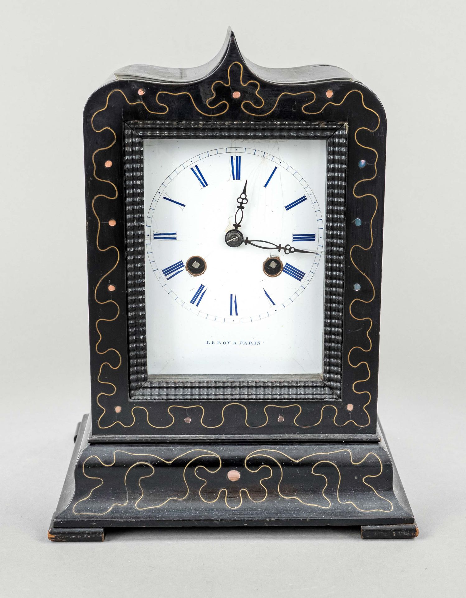 Table clock circa 1820, marked Leroy a Paris, ebonized wood with fine brass inlays and stone inlays,