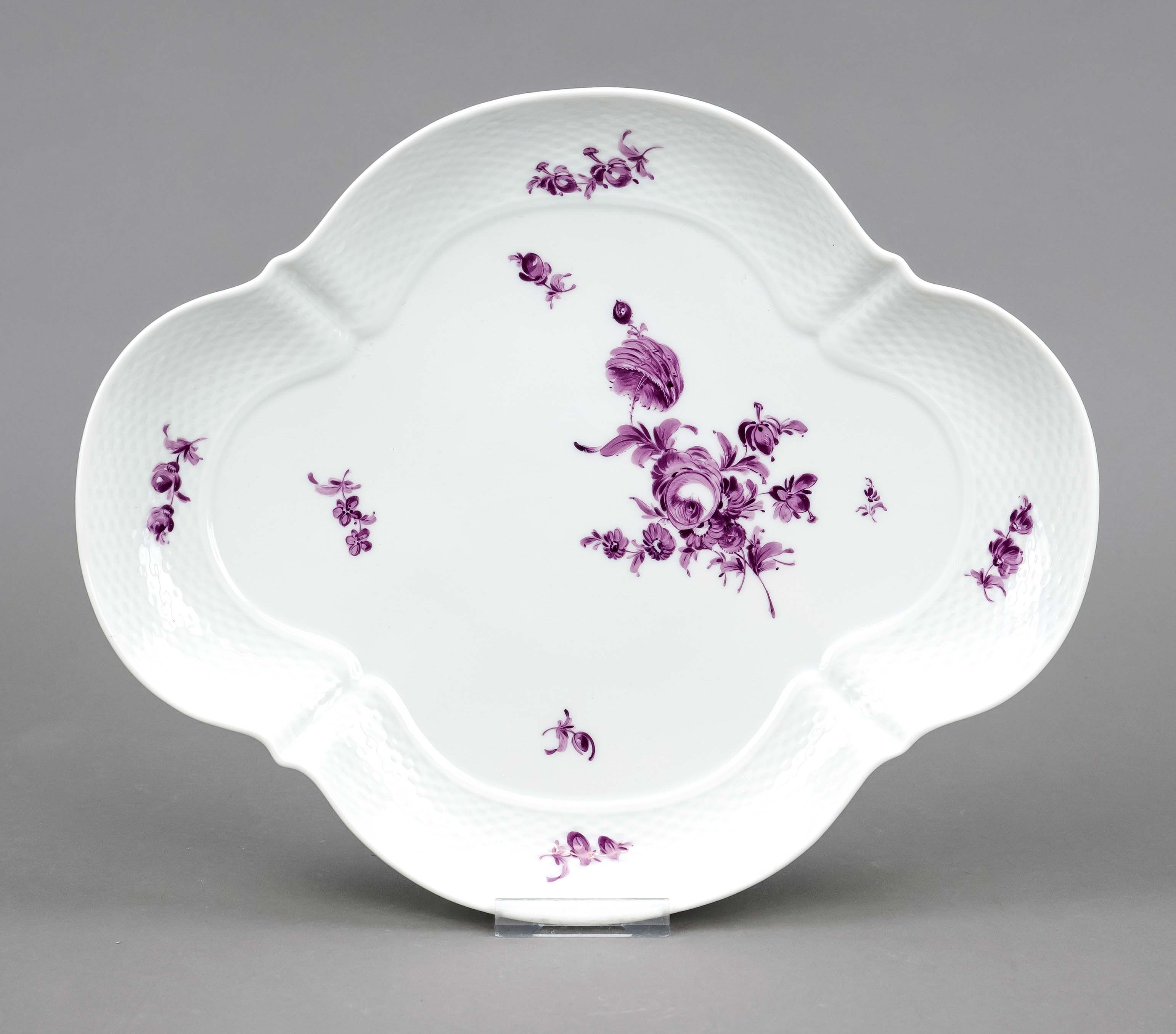 Four-piece curved bowl, Nymphenburg, 20th century, Altozier form, flower painting in purple, 32 x 26