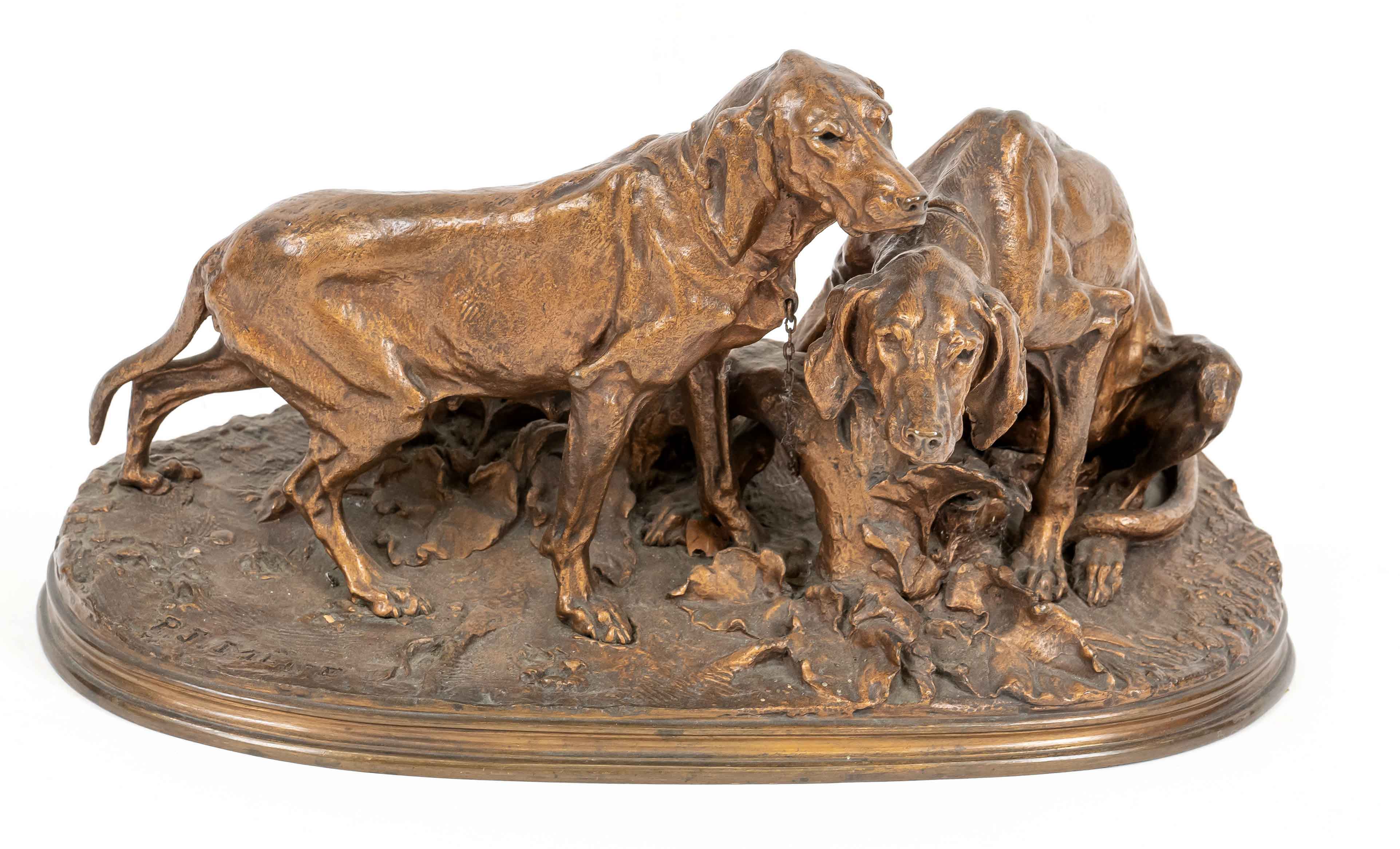Pierre-Jules Mène ( 1810-1879), 2 resting hunting dogs, finely detailed group of golden brown