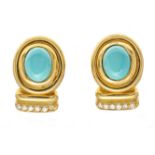 Turquoise diamond earclips GG 750/000 unstamped, tested, with 2 oval turquoise cabochons 8,6 x 6,8