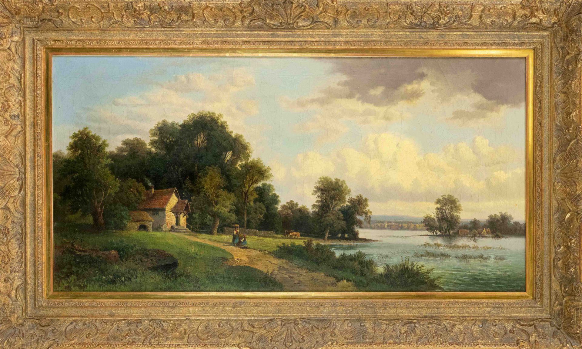 Unidentified painter of the 19th century, large country idyll with lakeside chapel and staffage, oil