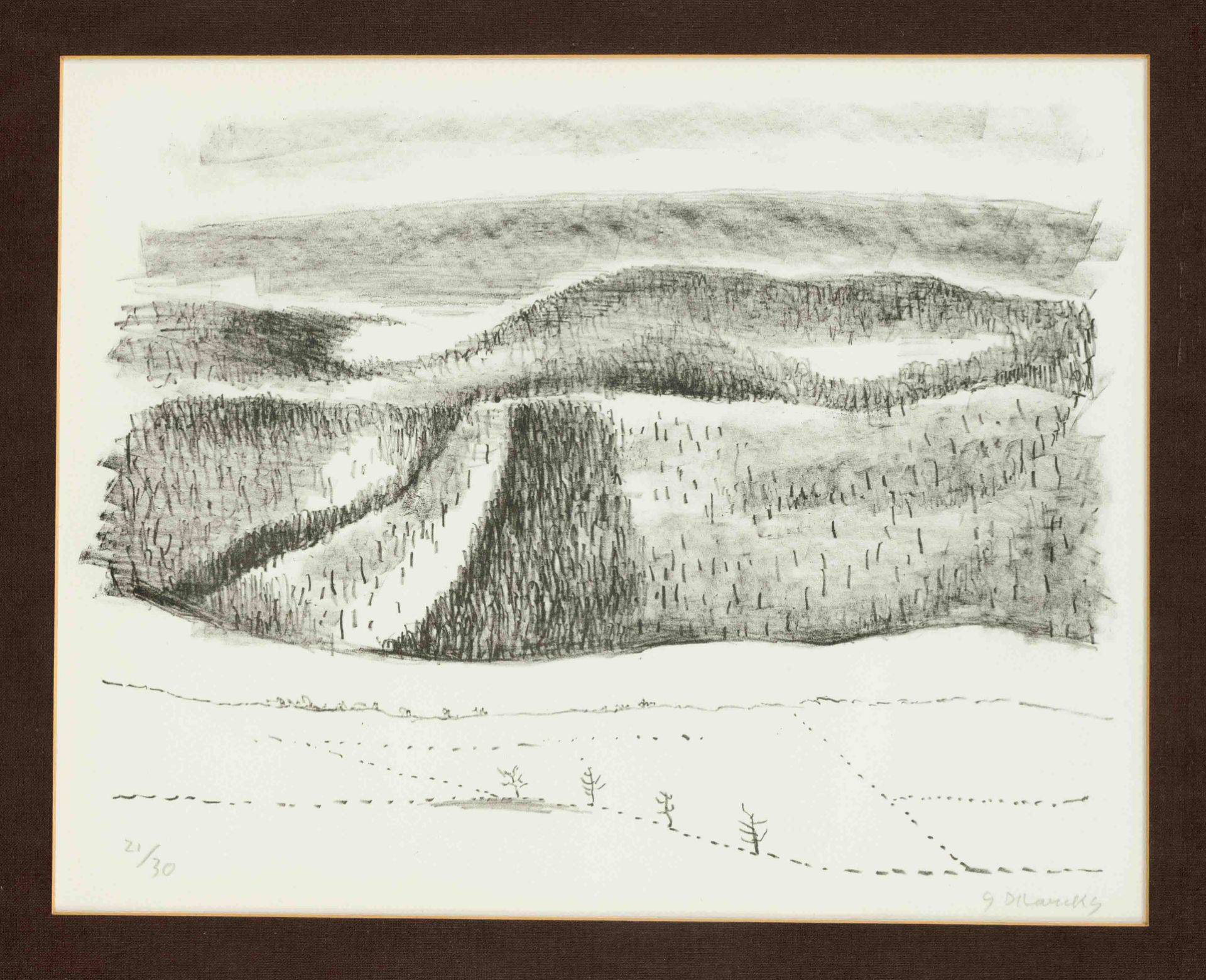 Marcks, Gerhard. 1889 Berlin - 1981 Burgbrohl. Rur valley in winter. 1976. chalk lithograph/textured