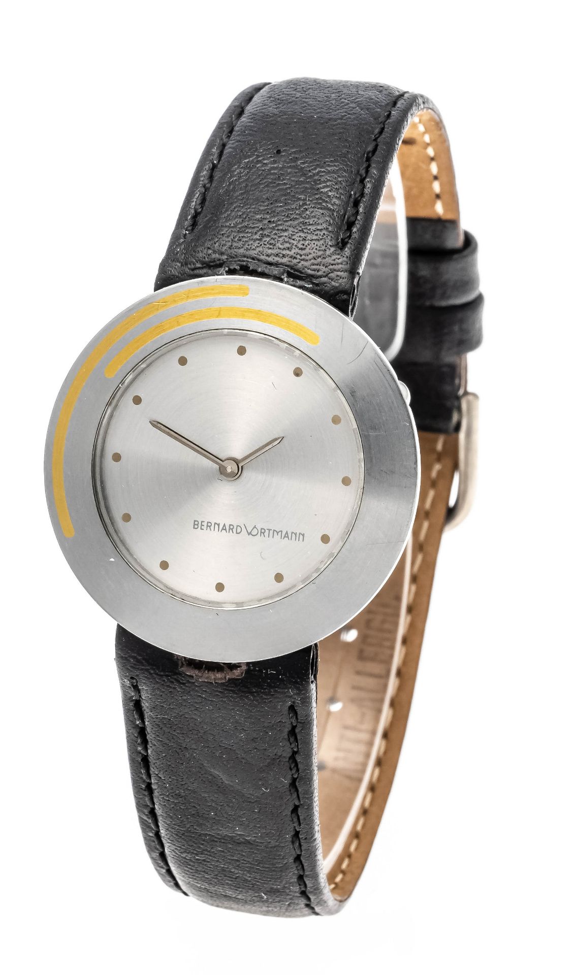 Bernard Vortmann, designer watch, ref. 130-09-2166, quartz, steel with gold inlays, silverf. Dial