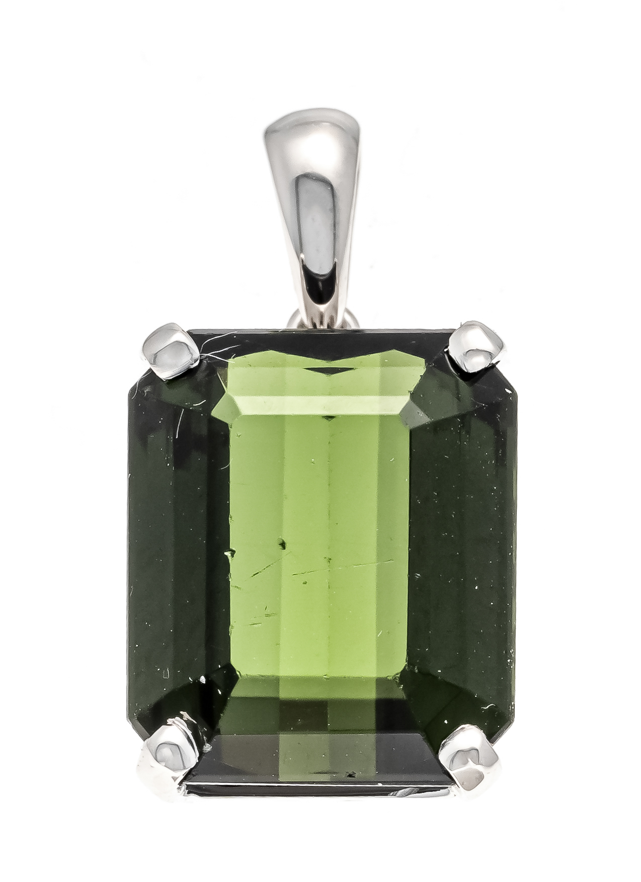 Tourmaline pendant WG 750/000 with an emerald cut faceted tourmaline 6.5 ct, dark green, eye