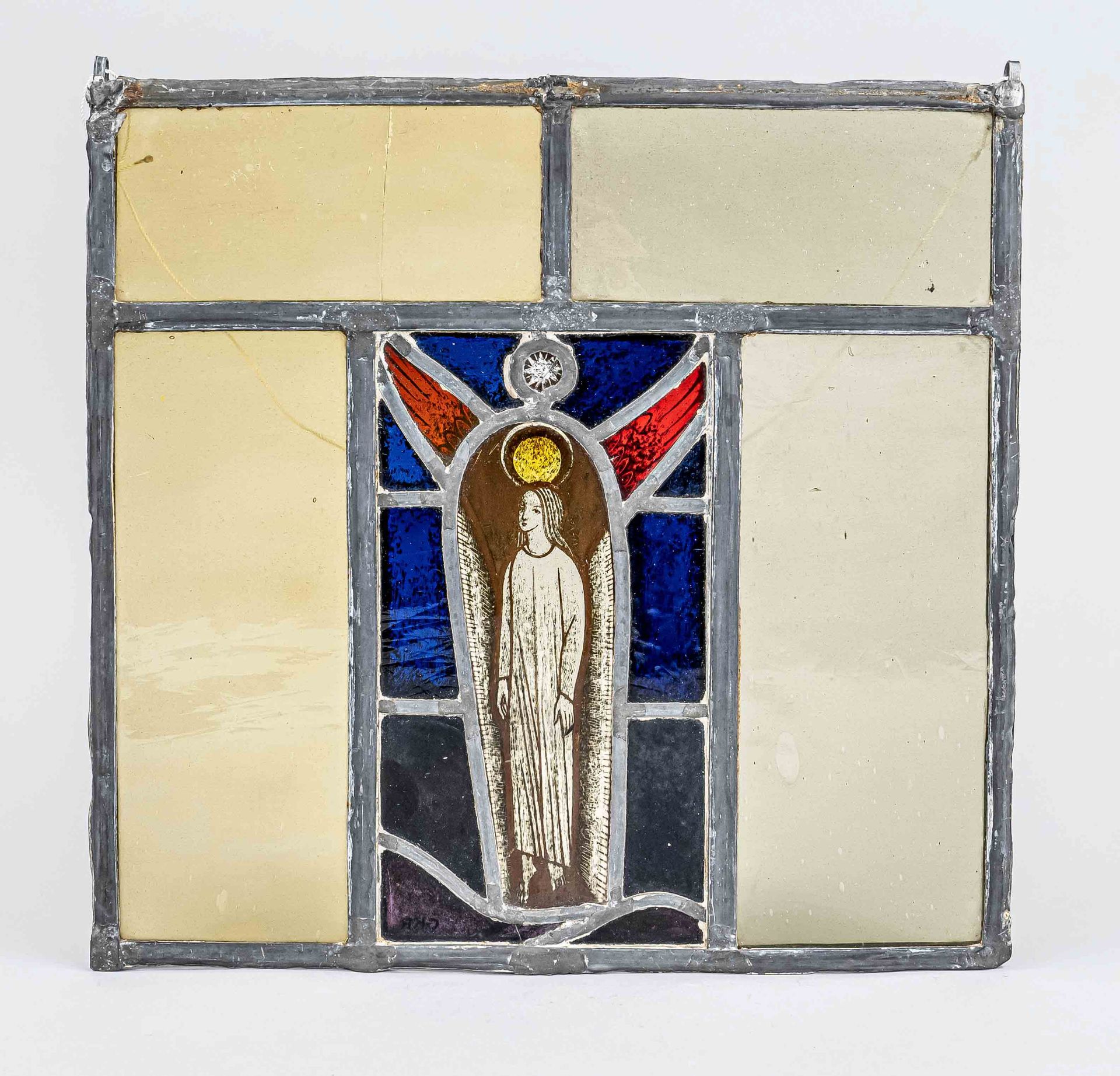 Rohde, Georg Karl. 1874 Oldenburg - 1959 Bremen. Lead glazing, reverse glass painting of a winged