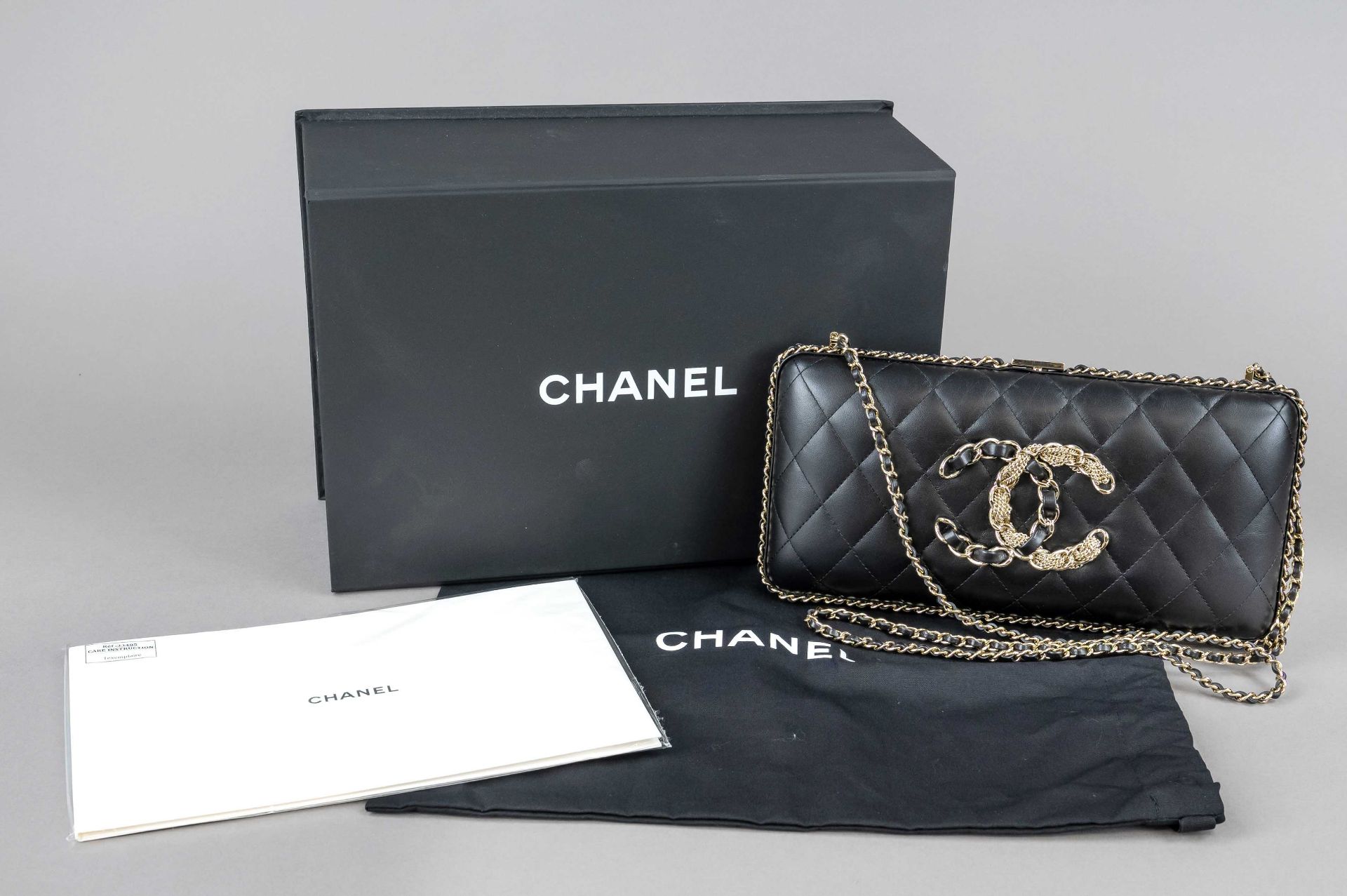 Chanel, Black Quilted Chain Around Lambskin Box Clutch, hinged box made of fine black quilted
