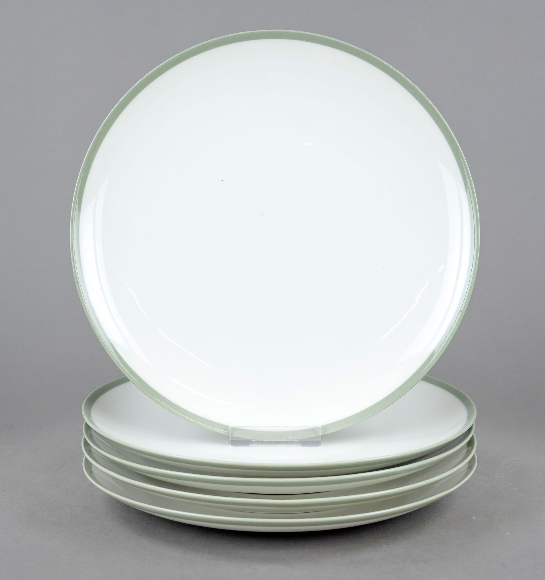 Five dinner plates, KPM Berlin, mark before 1962, 2nd choice, Urbino form, white with celadon