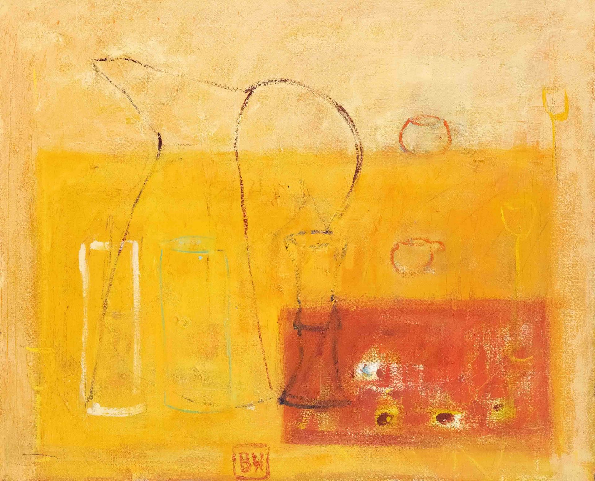 Bettina Winkelmann (*1961), ''Andere Sider'', abstracted still life, oil on canvas, monogrammed on