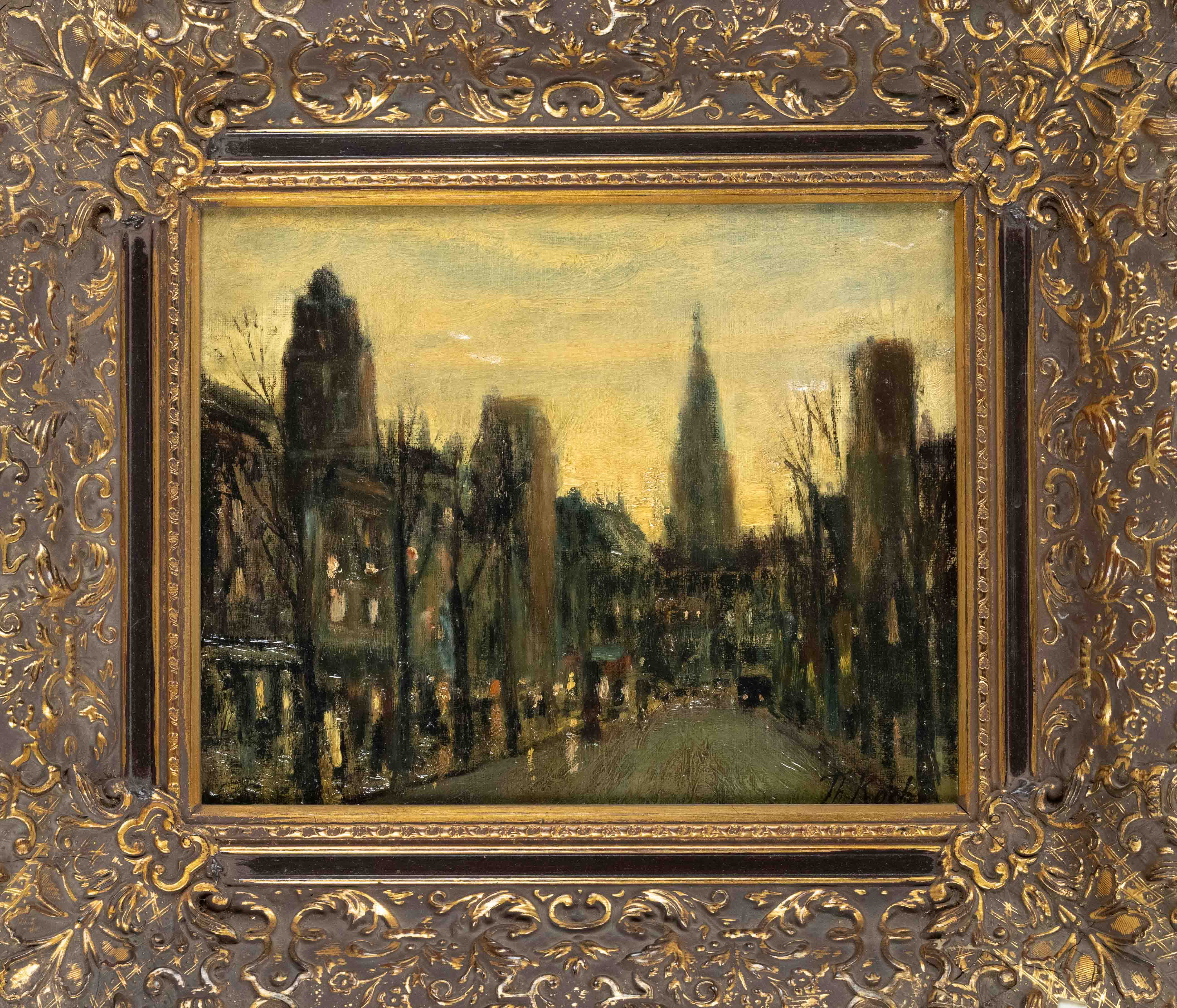 Theodor Koch (1844-1931), urban street with church tower in the evening light, oil on canvas, bottom