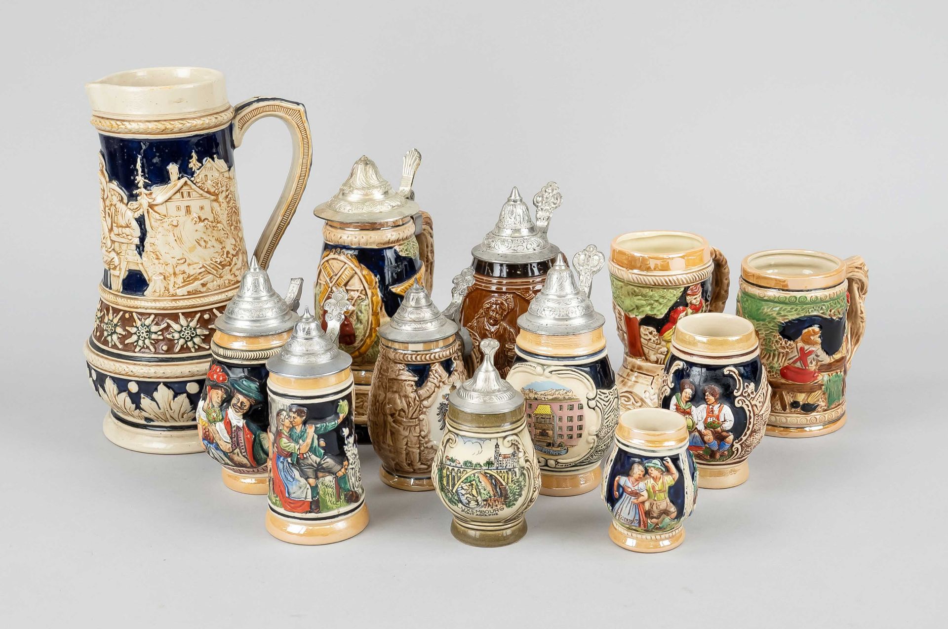 12 jugs, Westerwald stoneware, Germany, 1st half of 20th century, various shapes and sizes, some