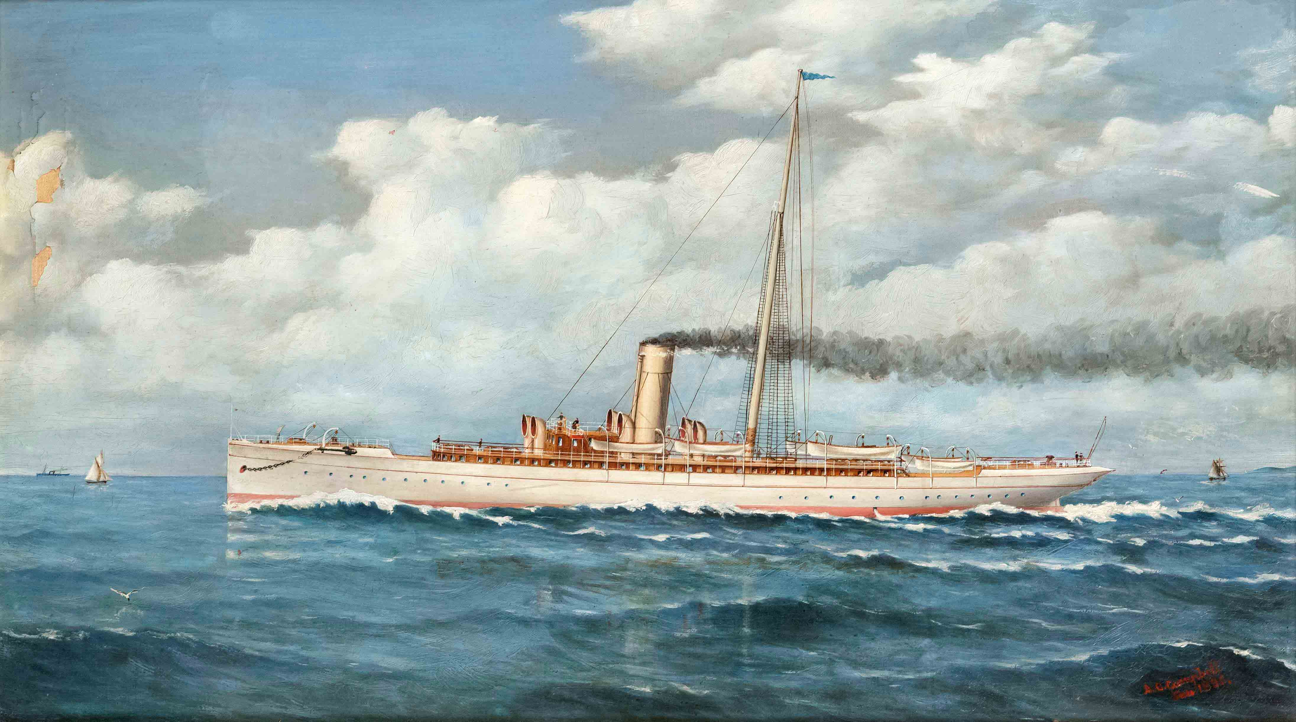 Campbell, A.C. English marine painter circa 1900. Captain's portrait of a steam sailer at sea. 1896.
