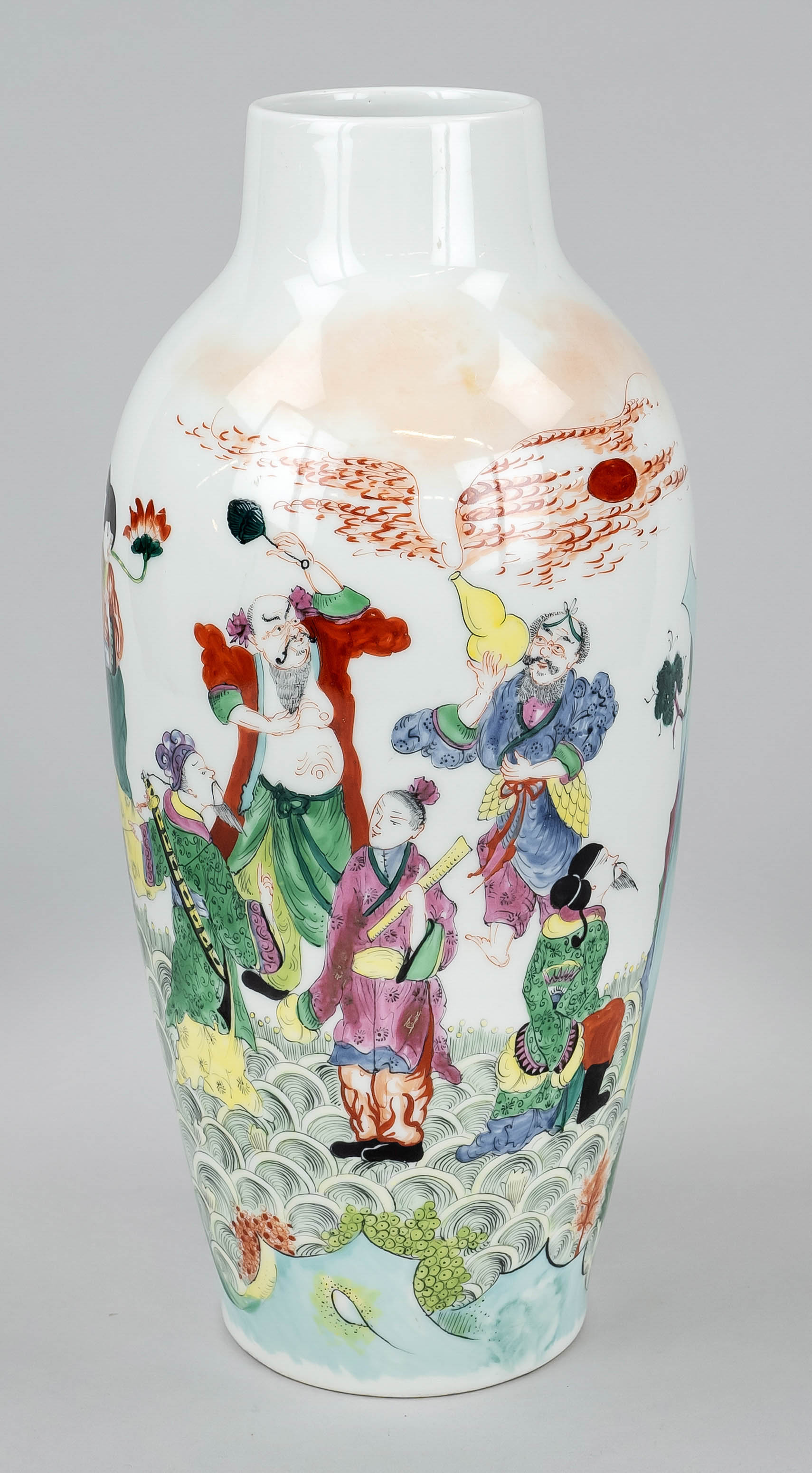 Famille verte vase of the 8 immortals, China, 20th c., porcelain with polychrome hand painted