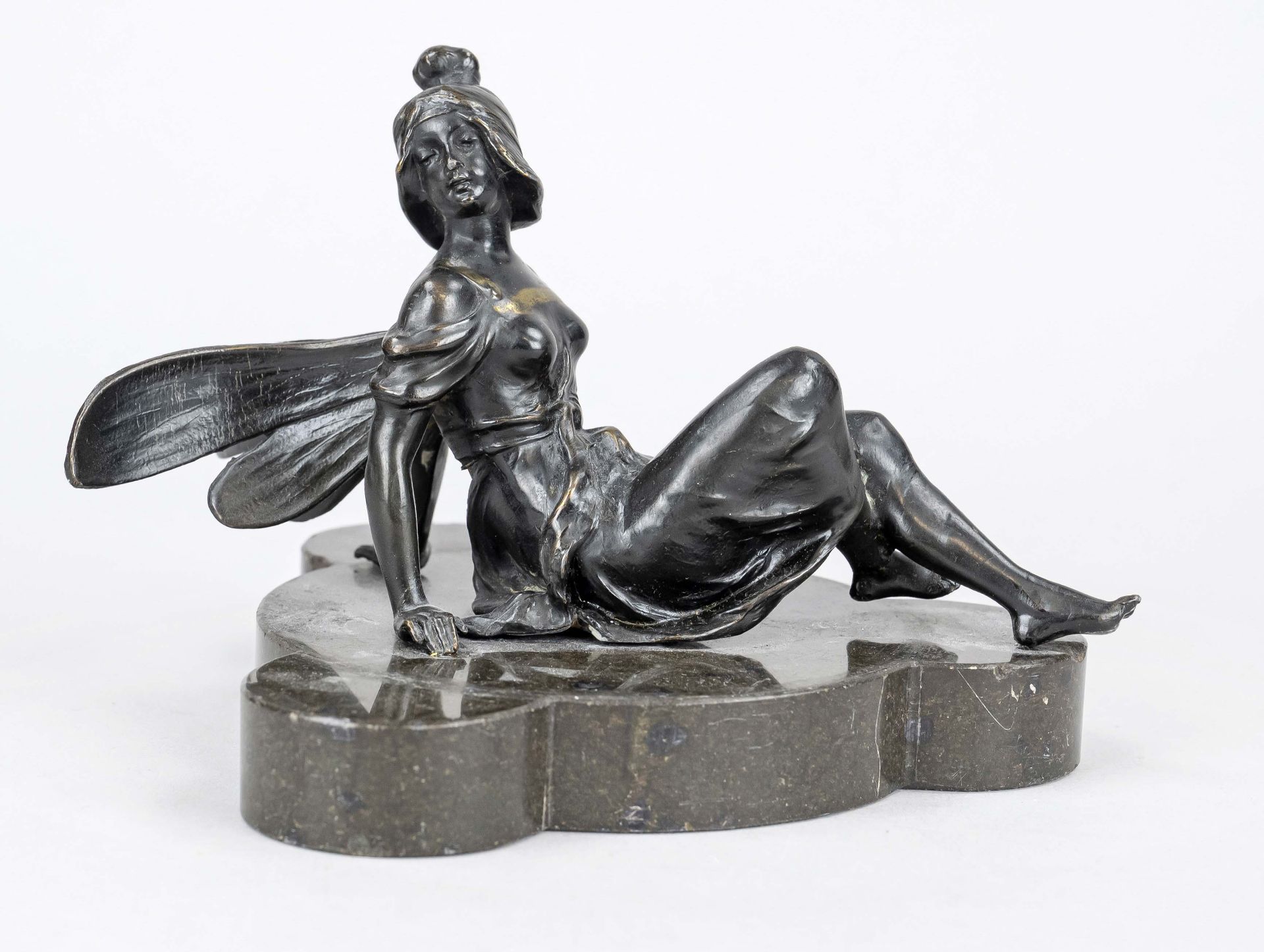 Anonymous sculptor around 1920, sitting elf, black patinated metal casting on three-passed