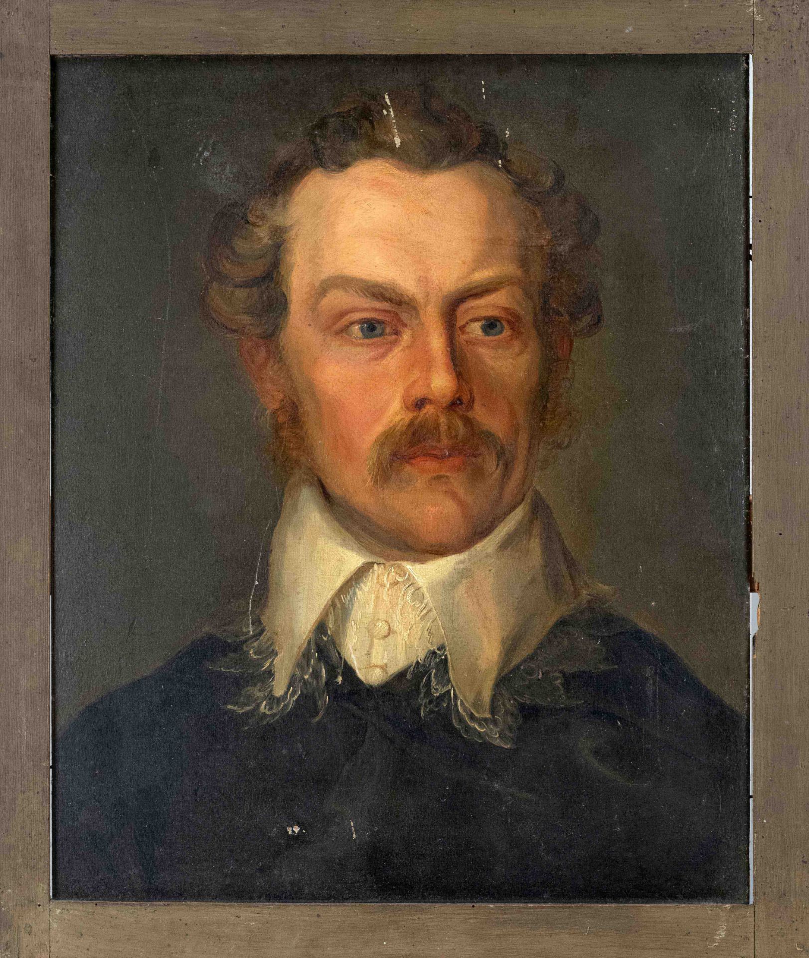 Oehme, 1st half 19th c., portrait of an officer with lace collar, oil on wood, unsigned, on the