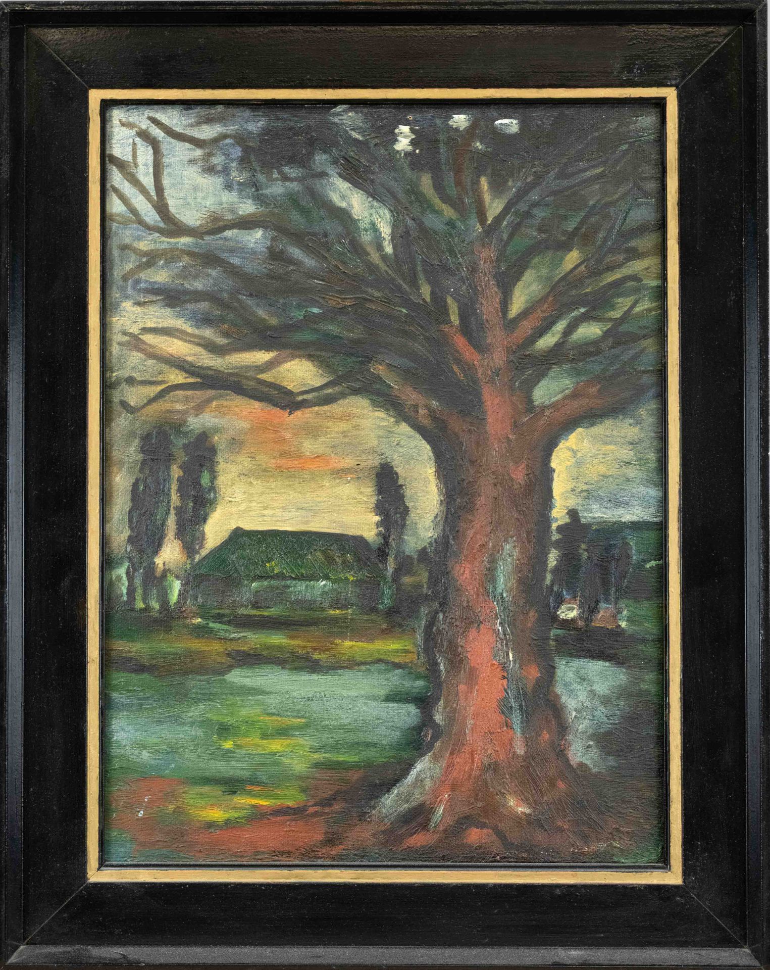 Unidentified expressionist 20th century, landscape with tree and building in the background,