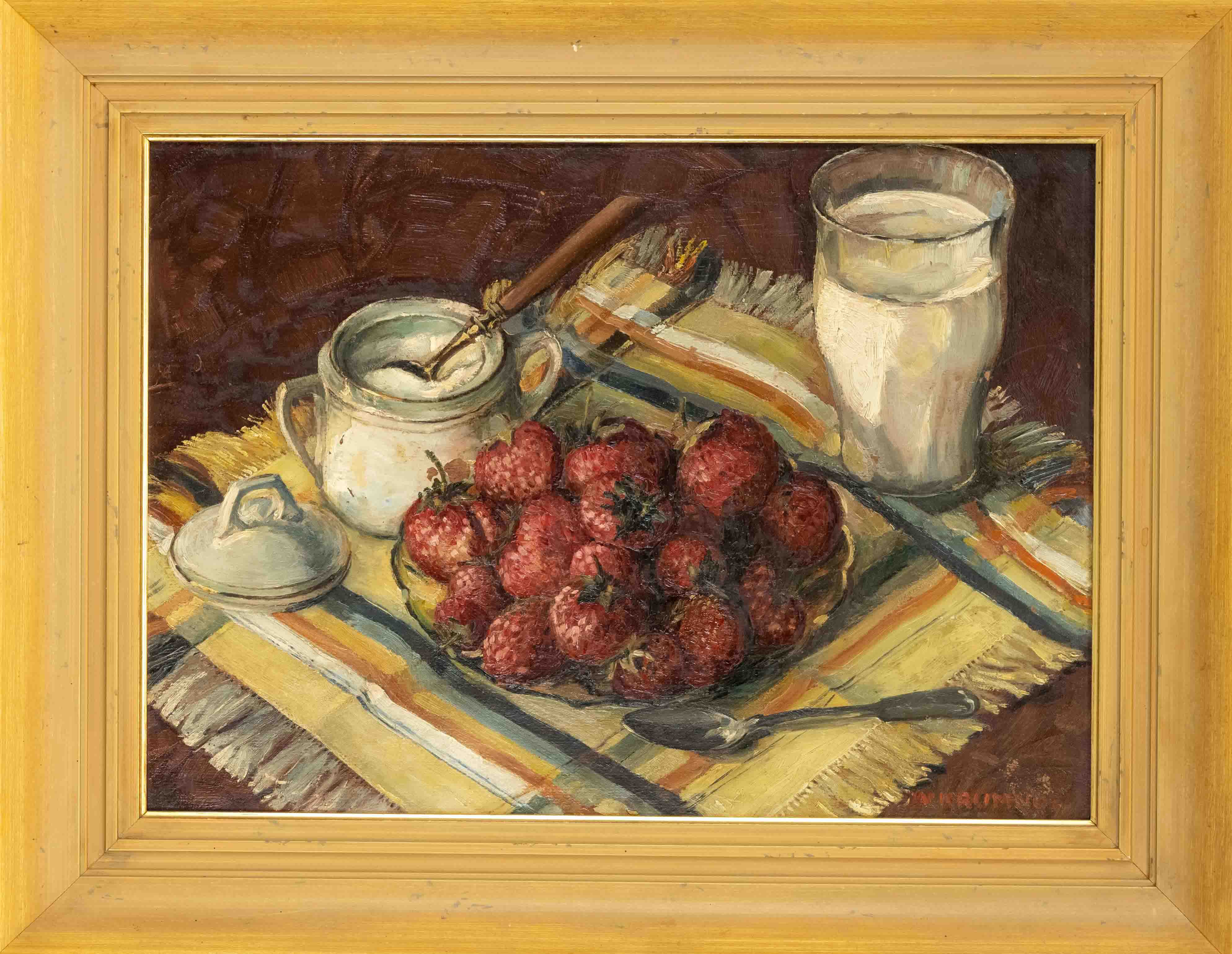W. Krumnow, 1st half 20th c., Still life with milk glass and strawberry bowl, oil on wood, signed