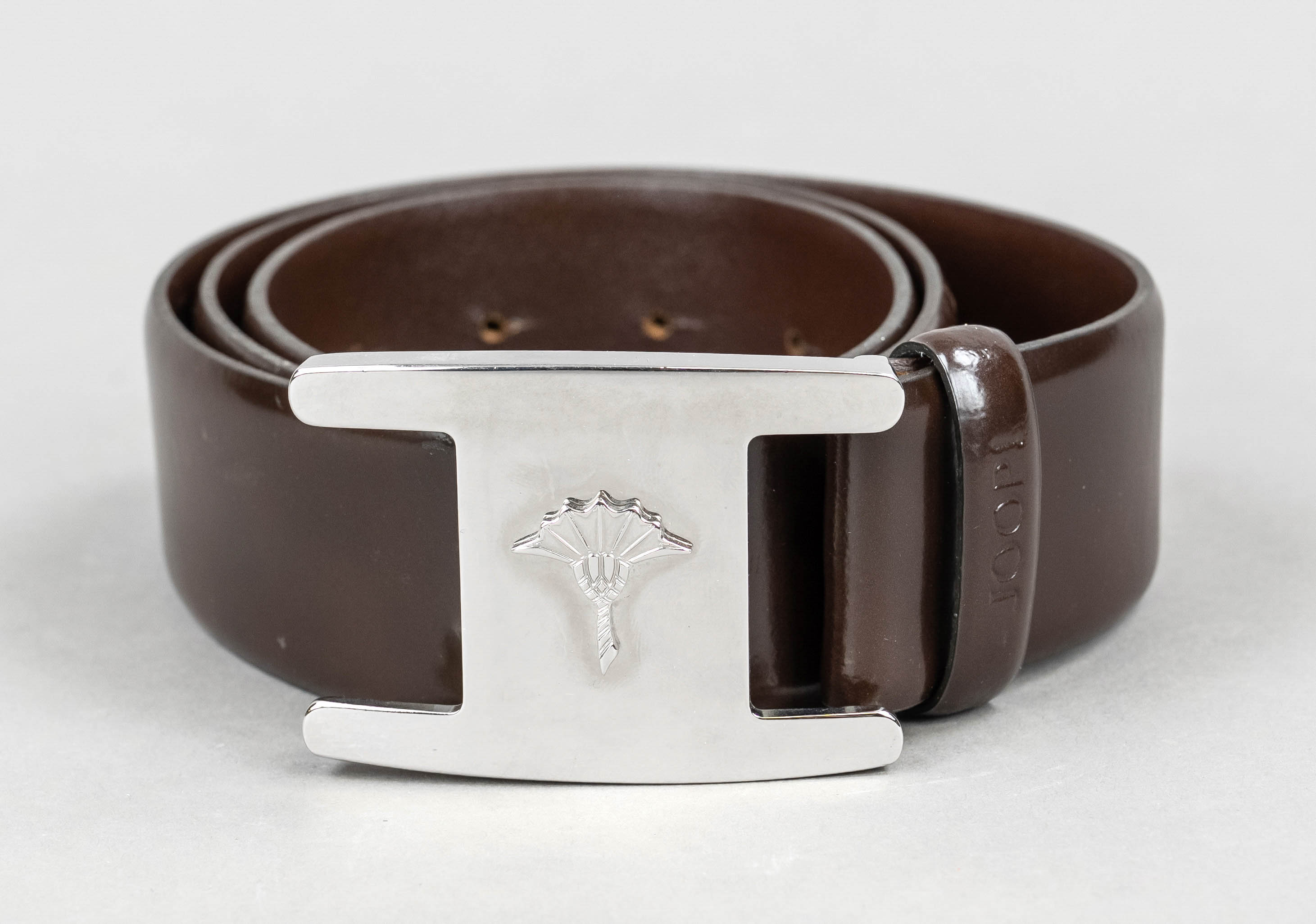 Joop, belt, chocolate brown smooth leather with silver-tone logo buckle, no size indicated,