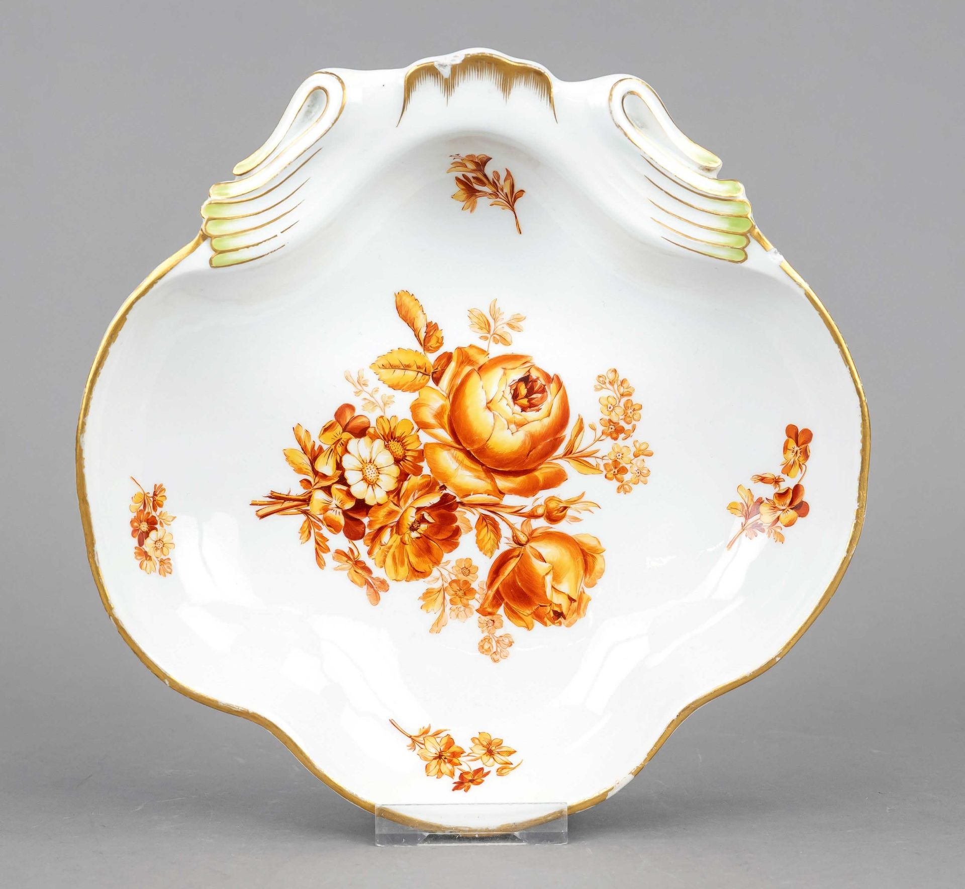 Shell bowl, Meissen, Marcolini mark 1774-1817, 1st choice, floral painting in orange, gold rim,