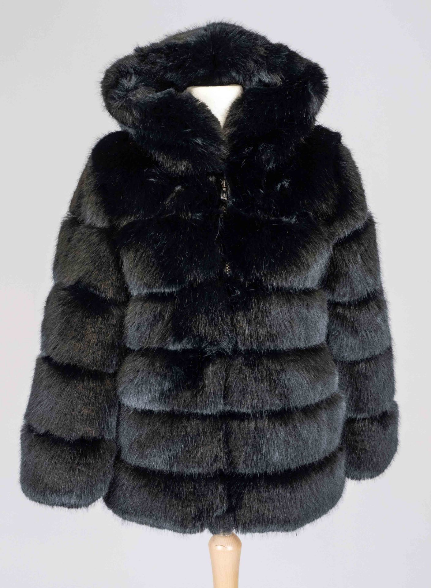 Black faux fur jacket with hood, 20th c., size S, on a label in the lining marked, ''Fashion'',