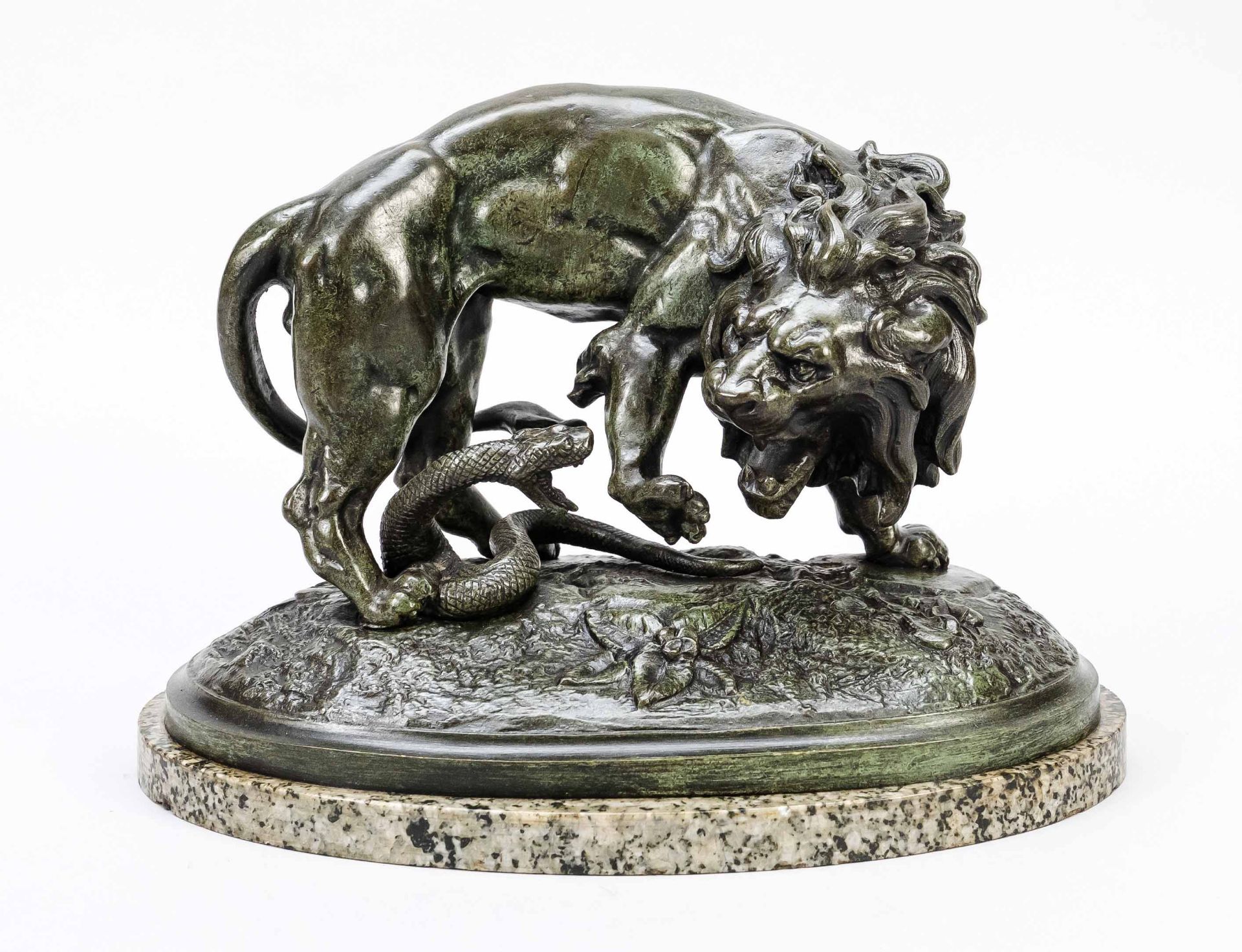 Antoine Louis Barye (1796-1875), after, lion fighting with a snake, green-brown patinated bronze,